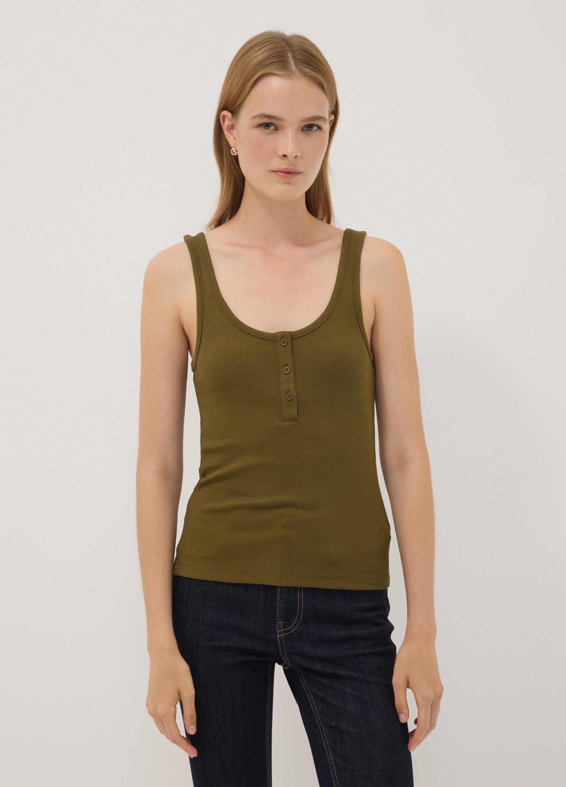 Green stretch cotton tank top with buttons, regular fit