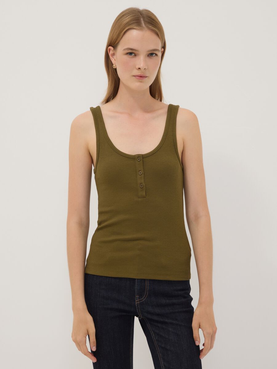 Green stretch cotton tank top with buttons, regular fit_1