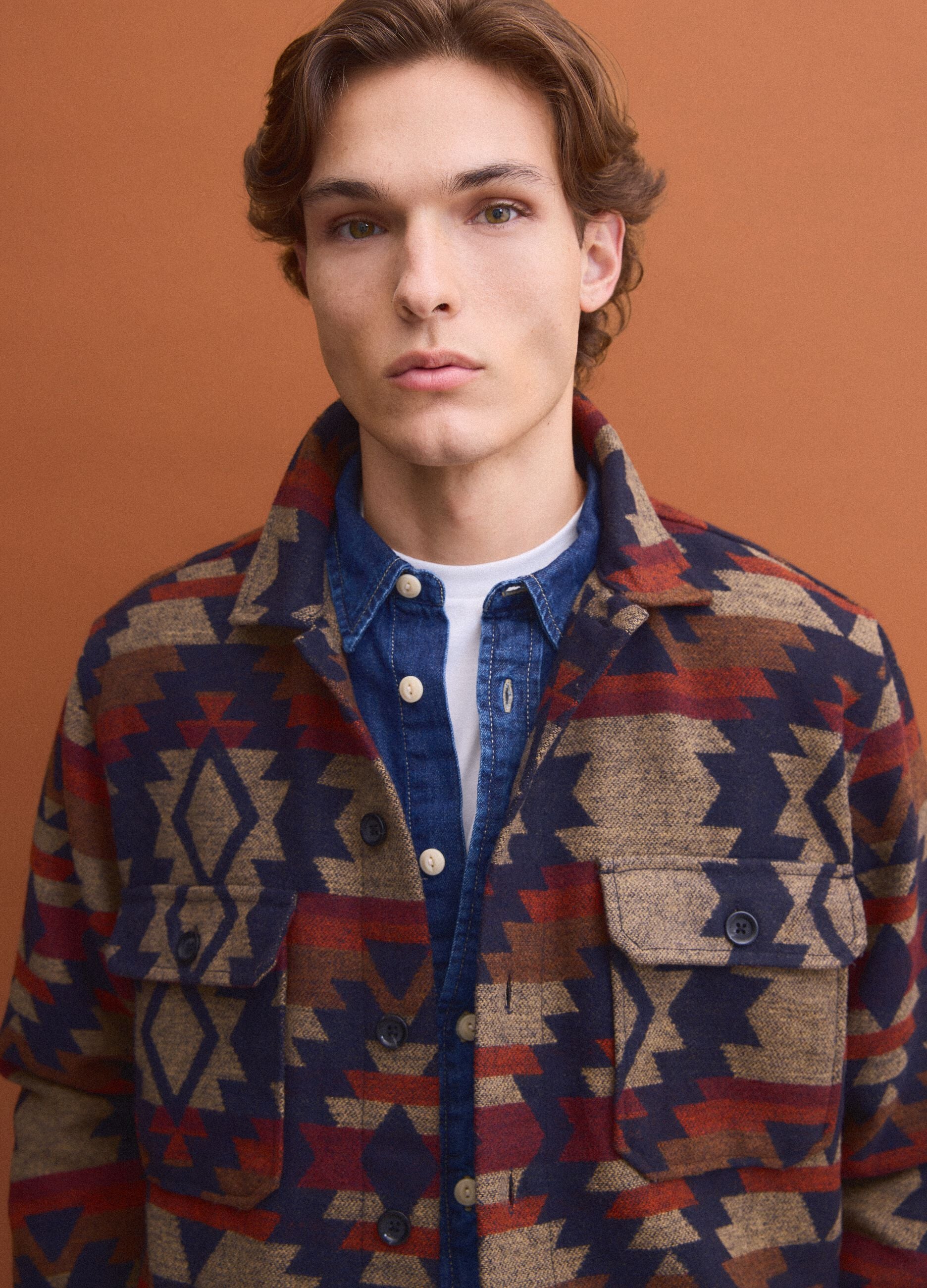 Multicolour geometric-print bowling-collar shacket, oversized fit