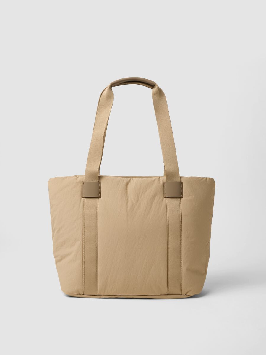 Borsa shopper beige con tasca esterna arricciata_2