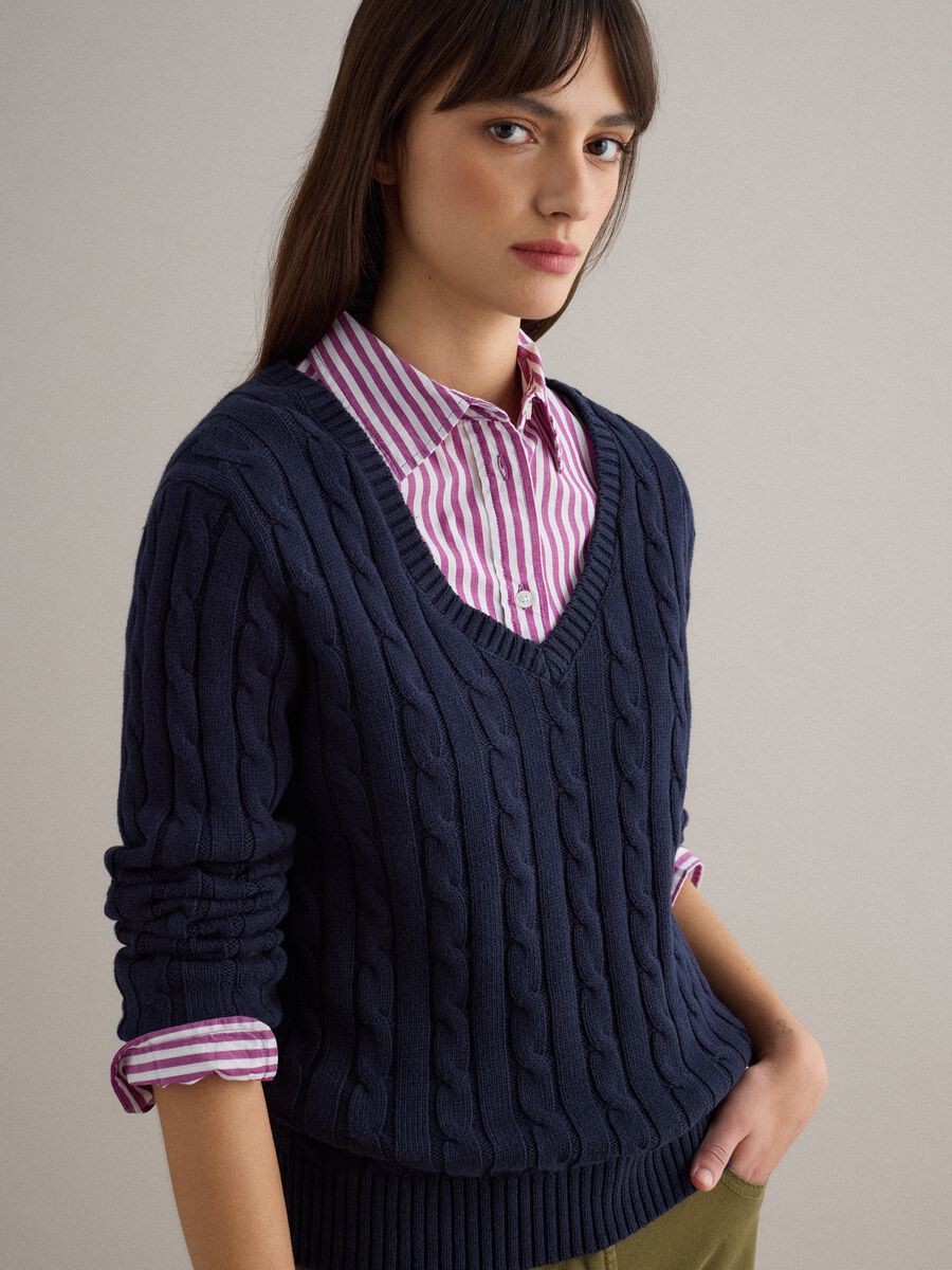 Blue pure cotton regular fit pullover with cable knit_0