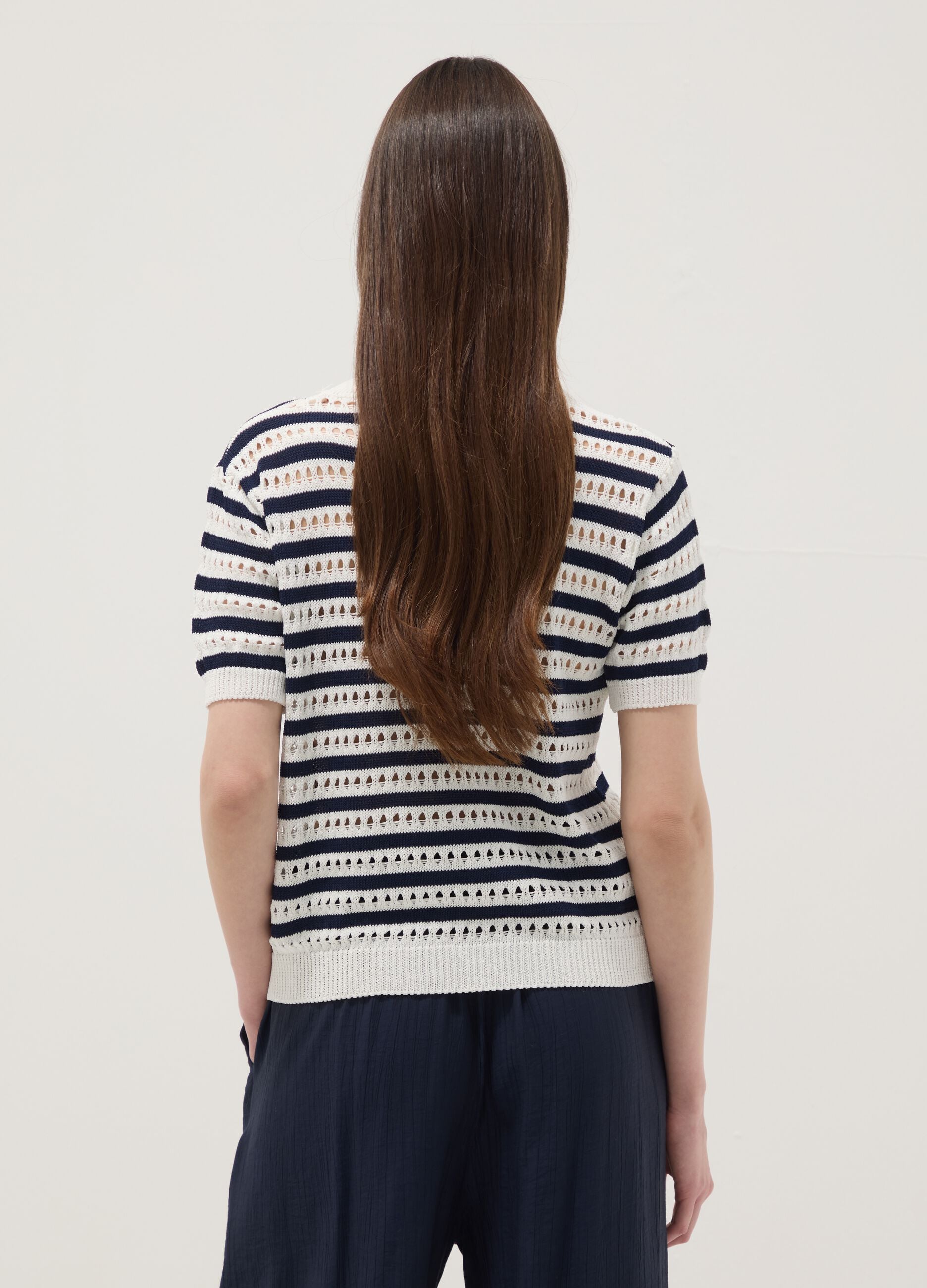 White and blue striped regular-fit openwork viscose-blend T-shirt