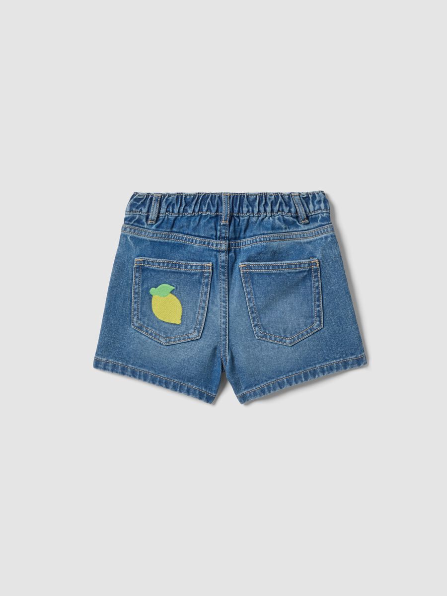 Blue pure cotton girls&rsquo; denim shorts, wide leg with embroidery_1