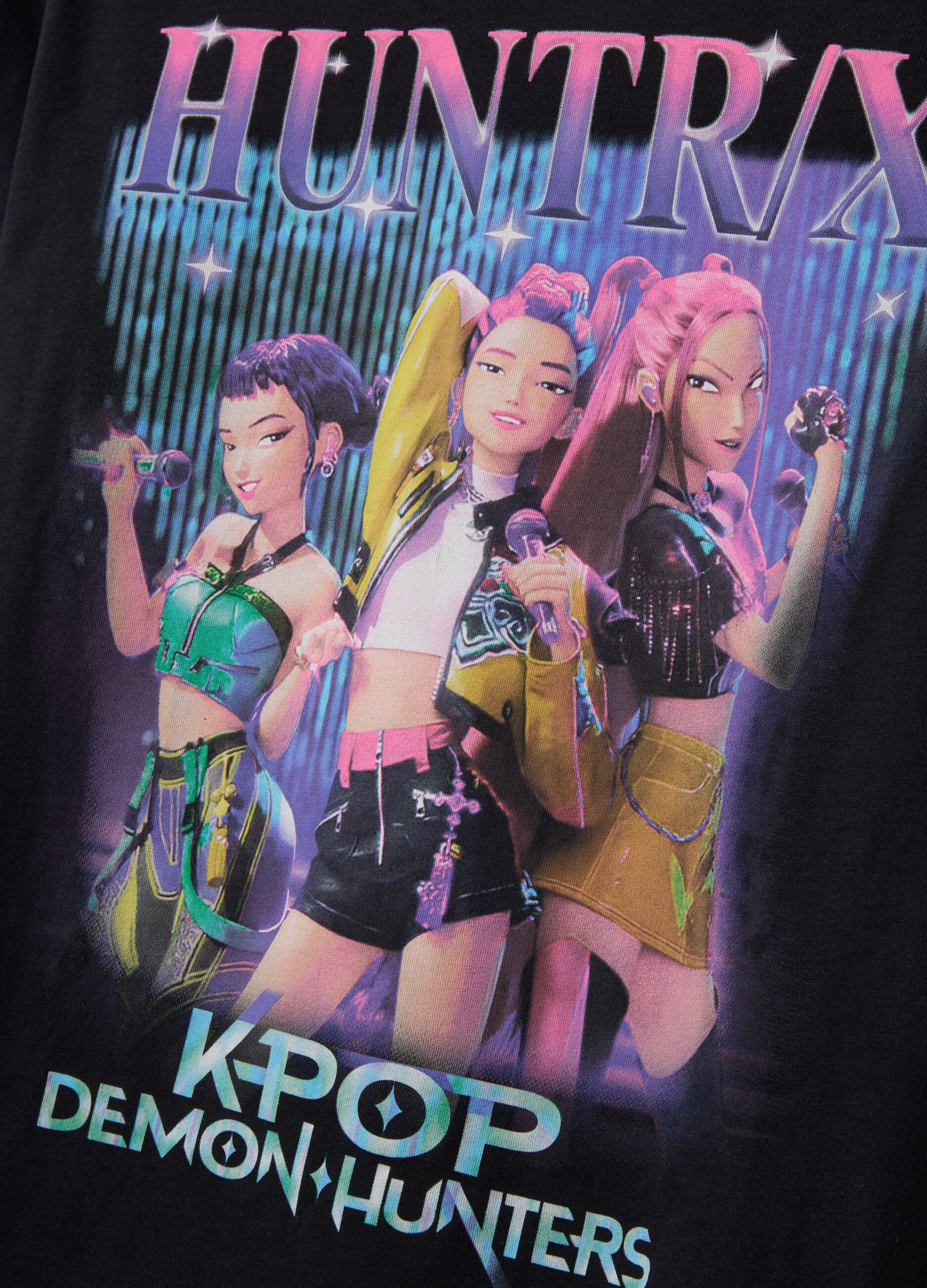 Black pure cotton T-shirt with K-Pop Demon Hunter print, regular fit