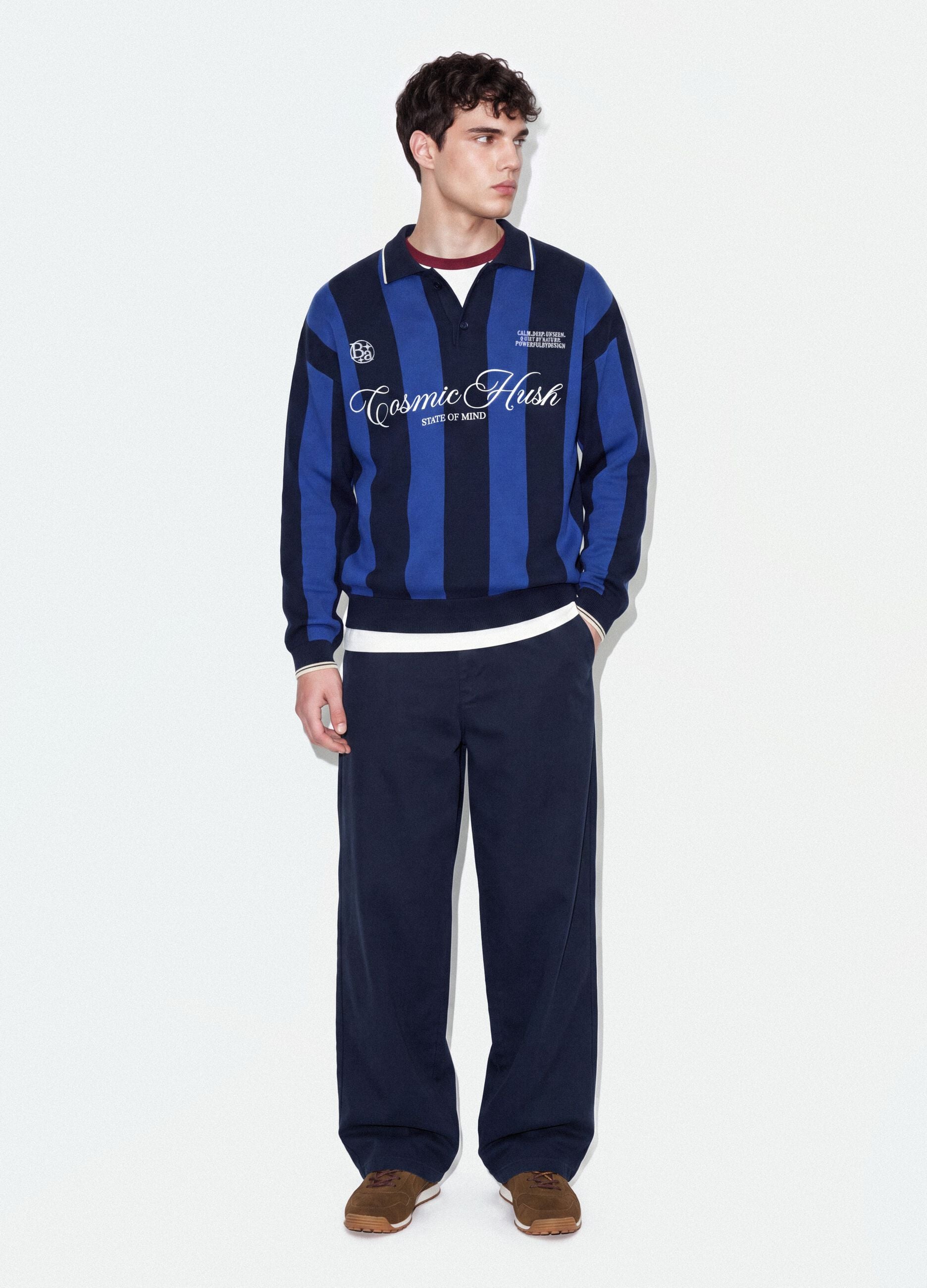 Blue and black pure cotton polo-collar top with oversized fit