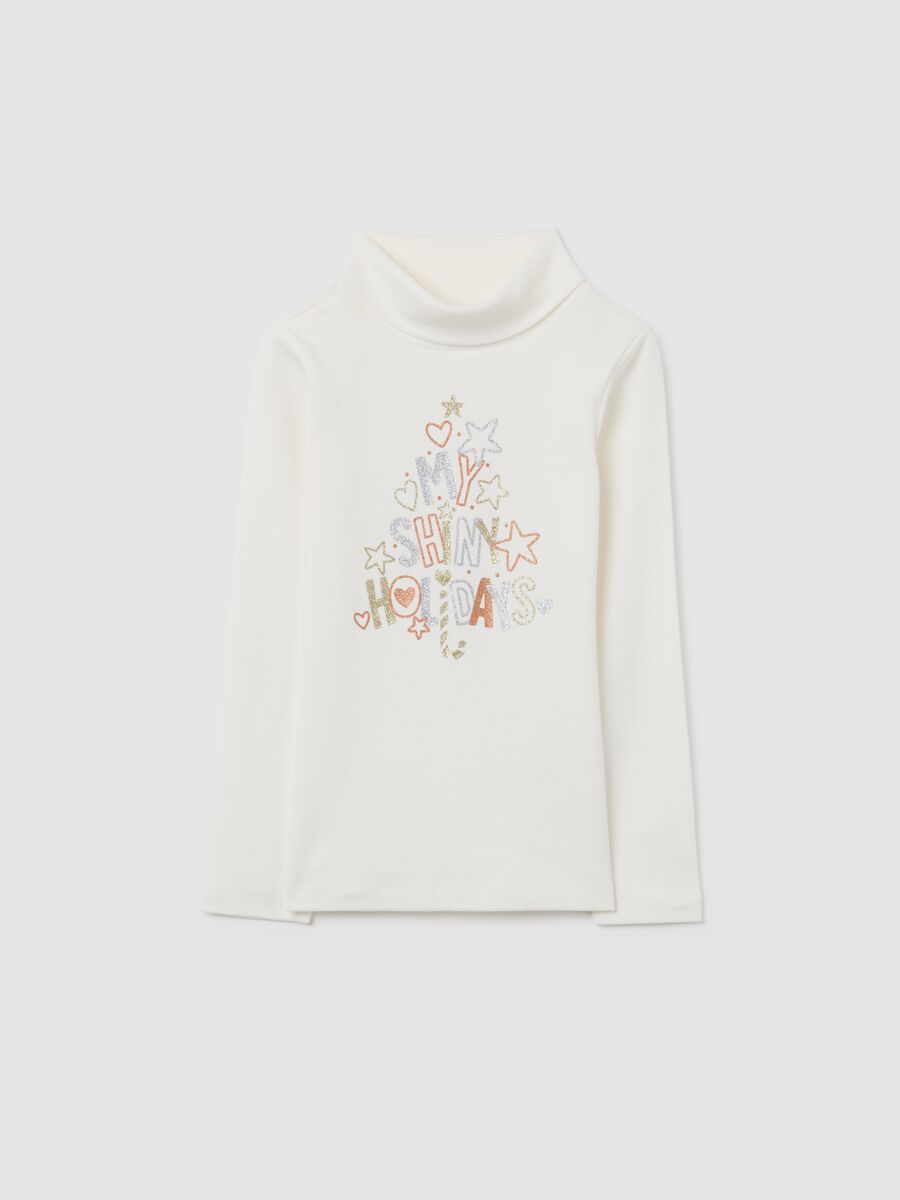 Girls' white cotton regular fit top with glitter print_0