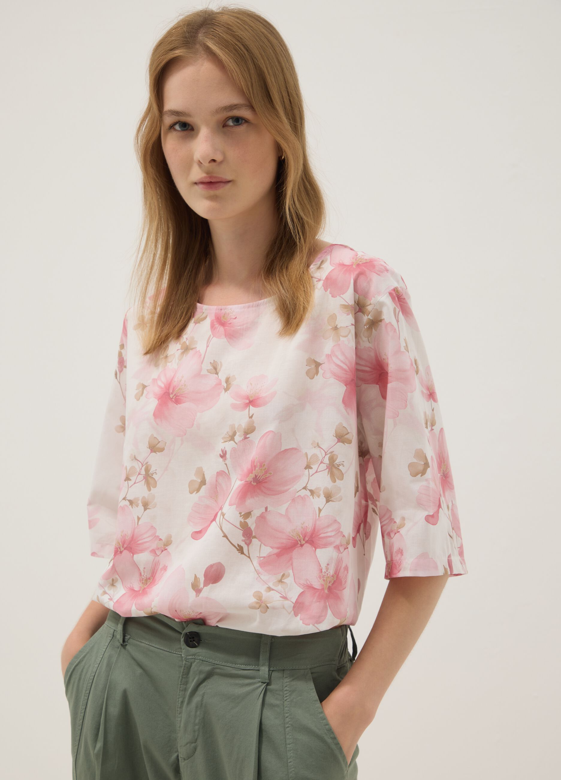 Pink pure cotton top with floral print