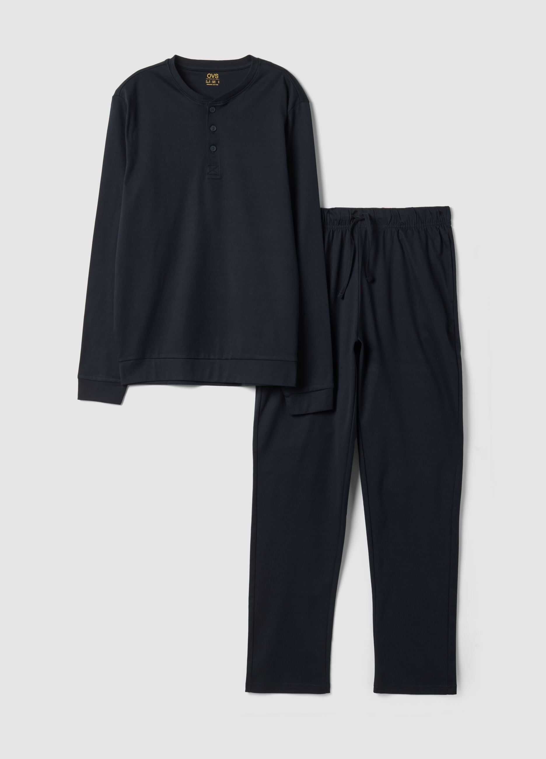 Blauer Pyjama aus reiner Bio-Baumwolle mit Henley-Kragen