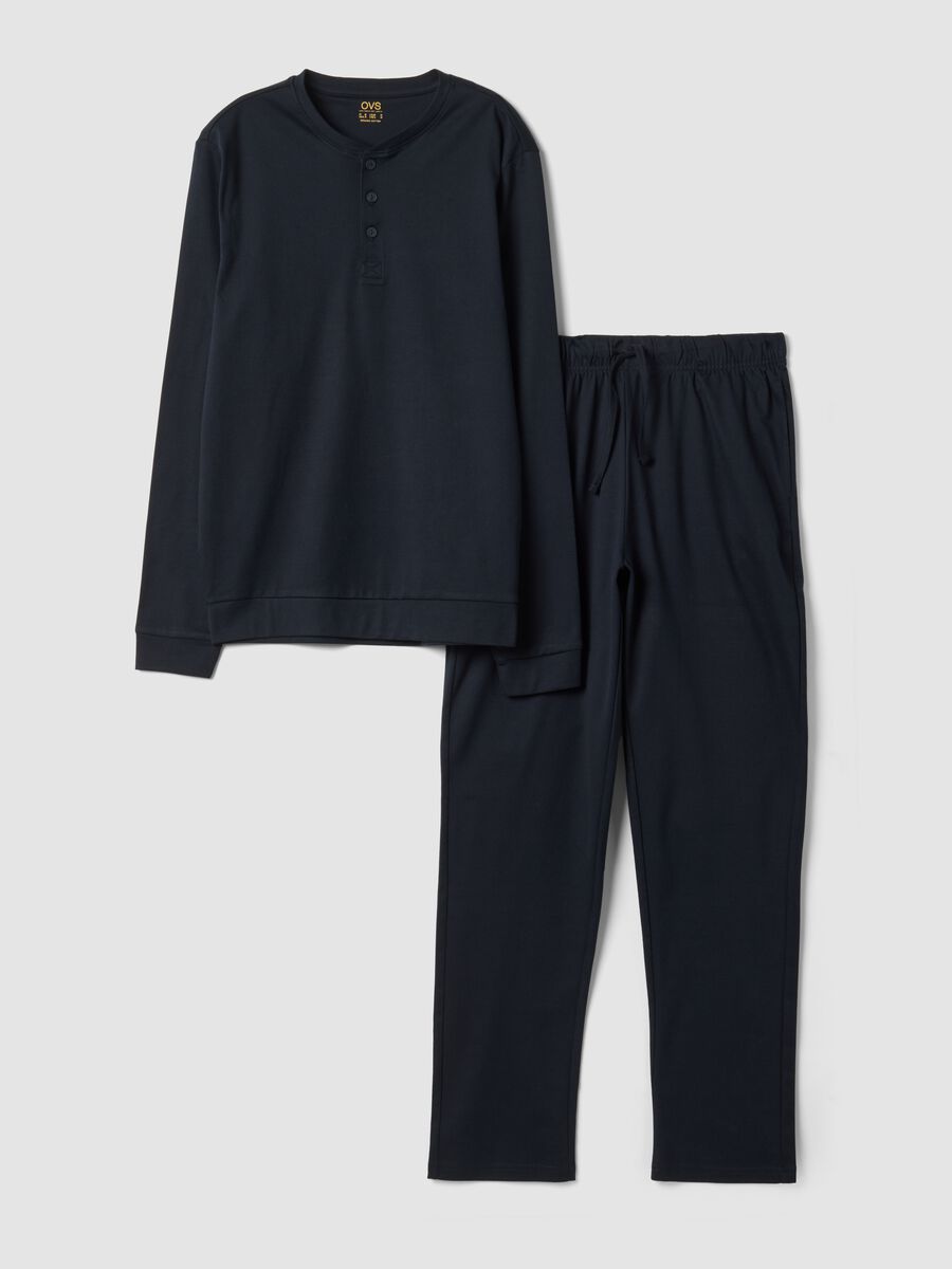 Blue pure organic cotton pyjamas with Henley collar_0