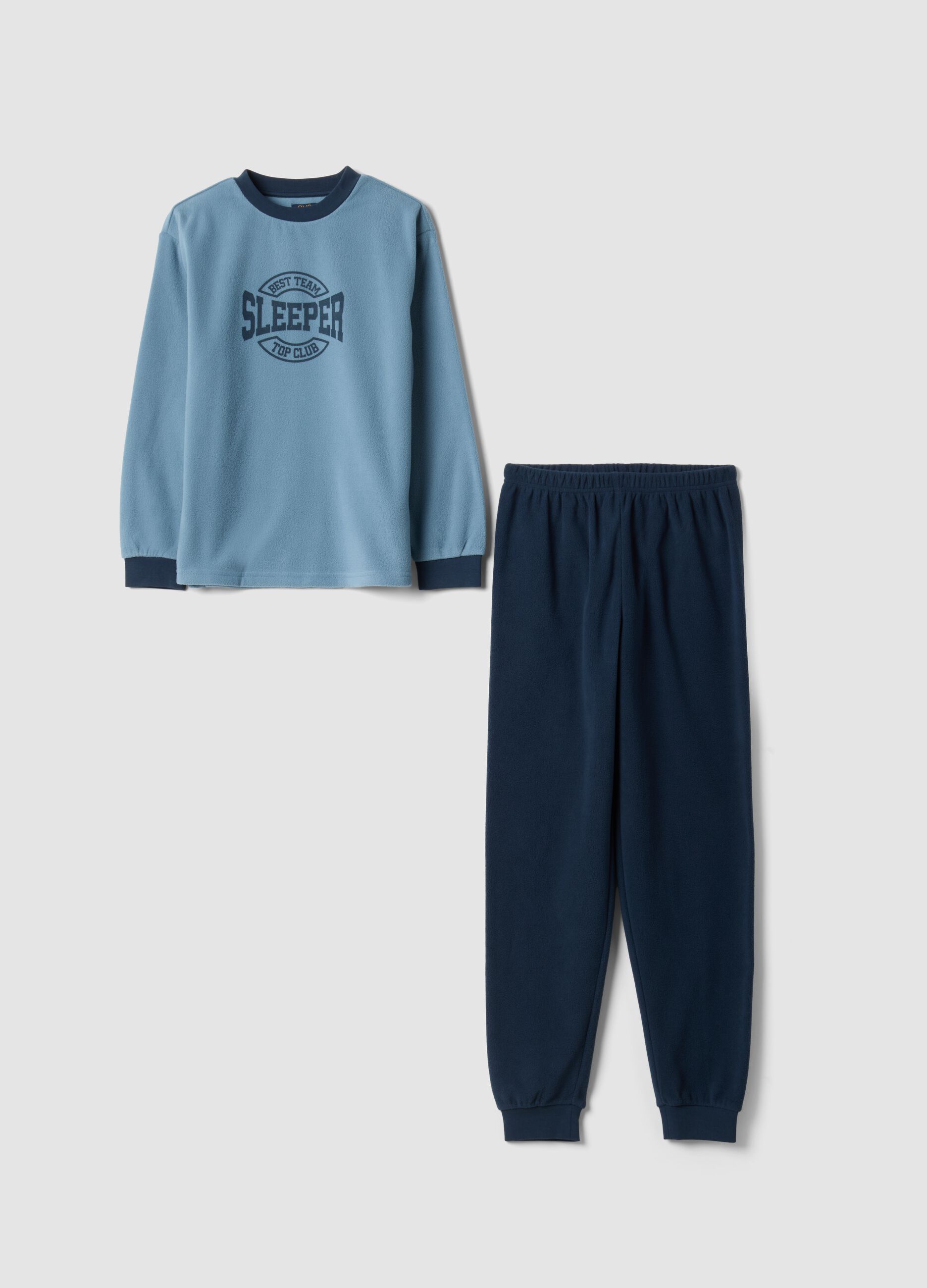 Blue crew-neck fleece pyjamas with long trousers, regular fit