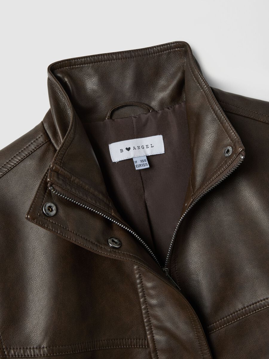 Brown biker jacket over fit with zip and buttons_5