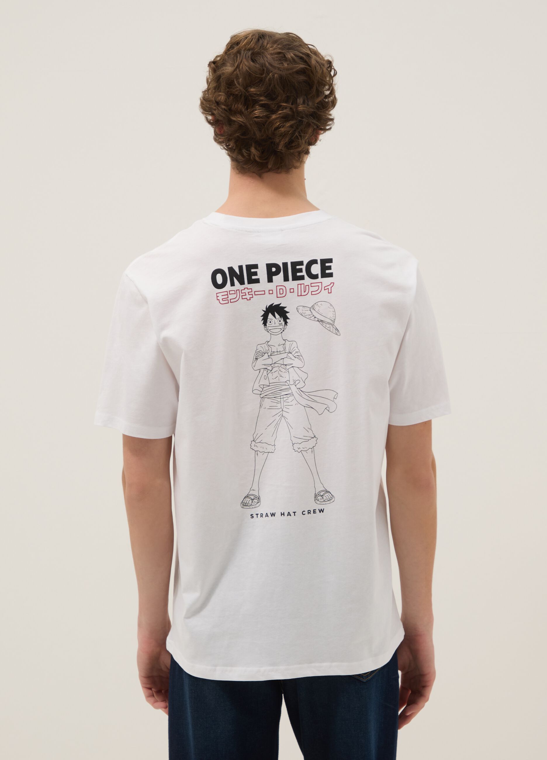 Wei&szlig;es T-Shirt mit One Piece-Print aus reiner Baumwolle, Relaxed Fit