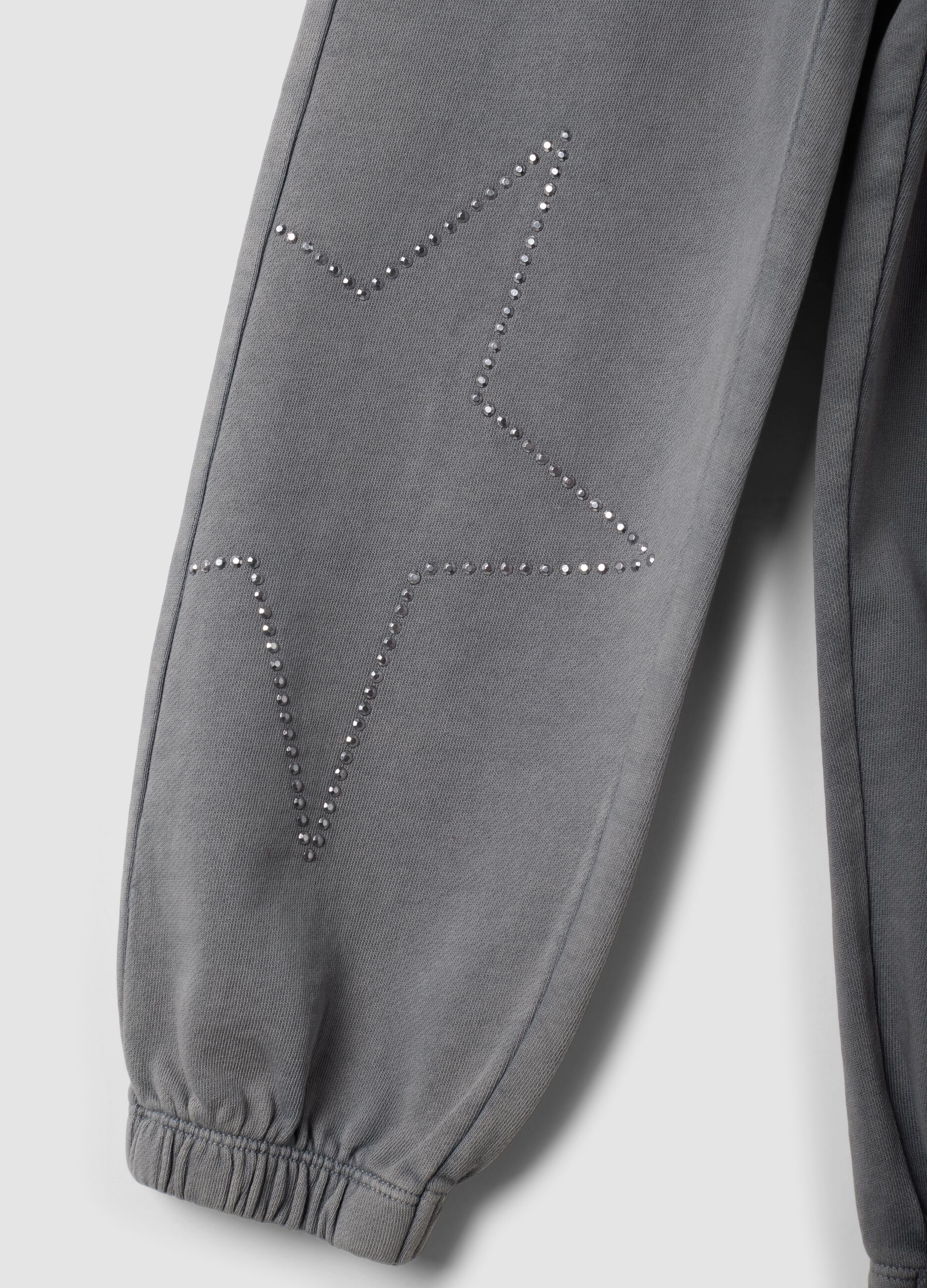 Grey pure cotton joggers with rhinestones for girls