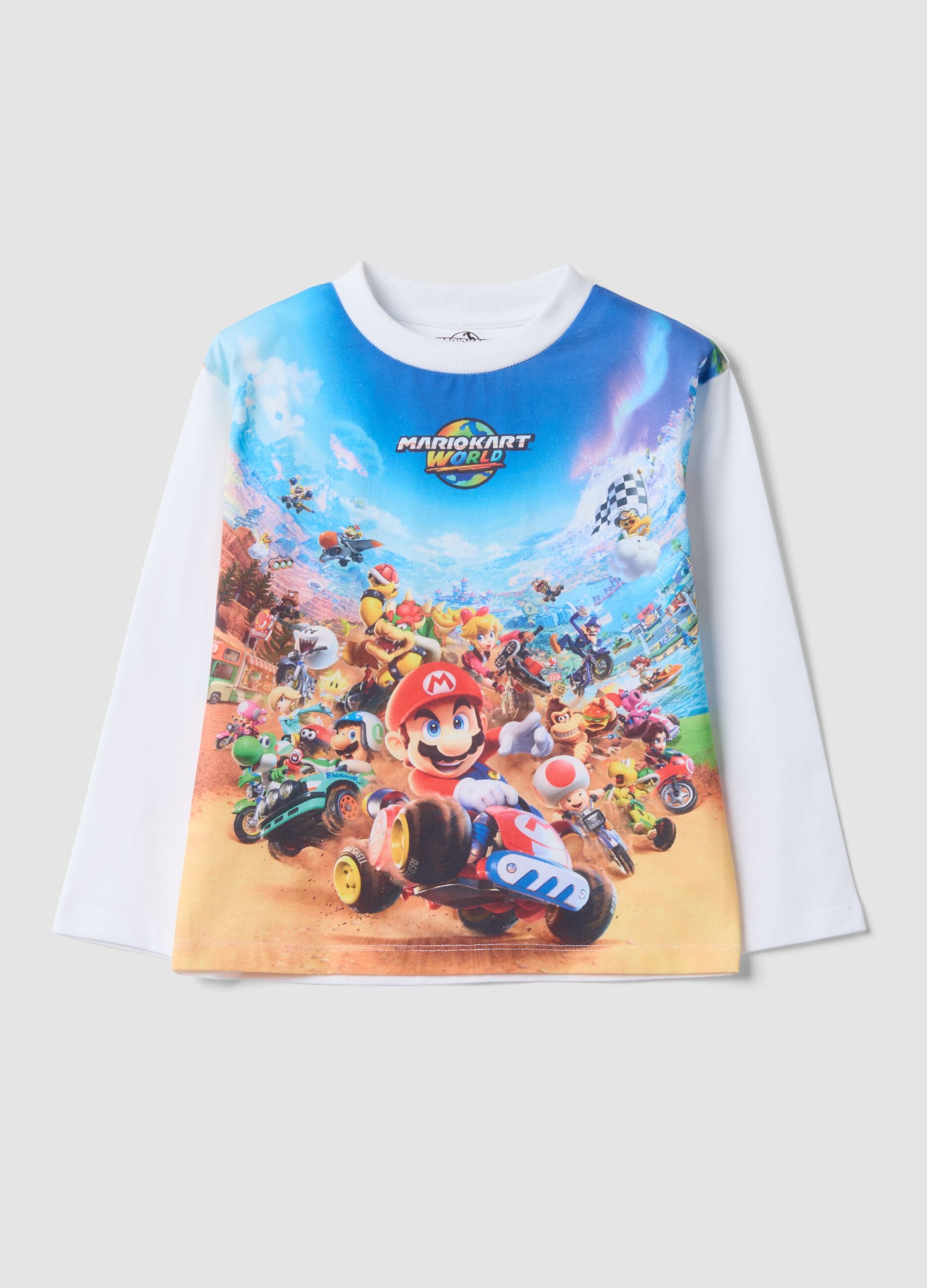 White pure cotton crew-neck T-shirt with Mario Kart print