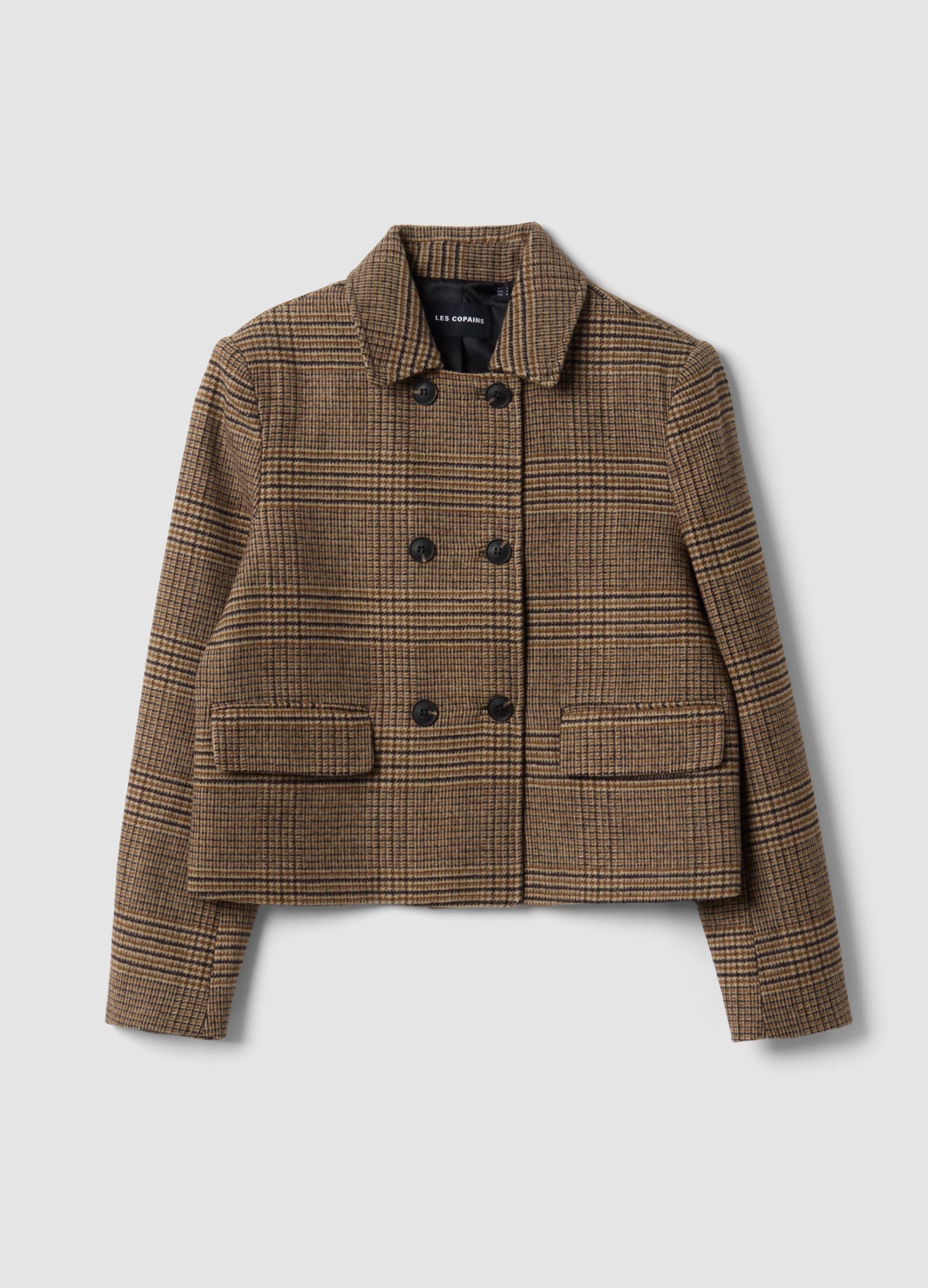 Brown checked wool-blend double-breasted shacket, oversized fit