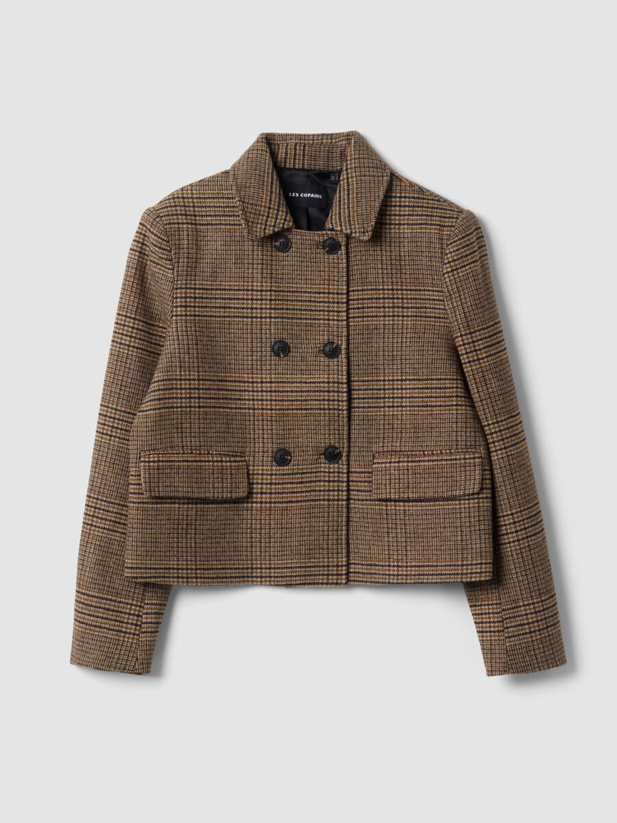 Brown checked wool-blend double-breasted shacket, oversized fit_0