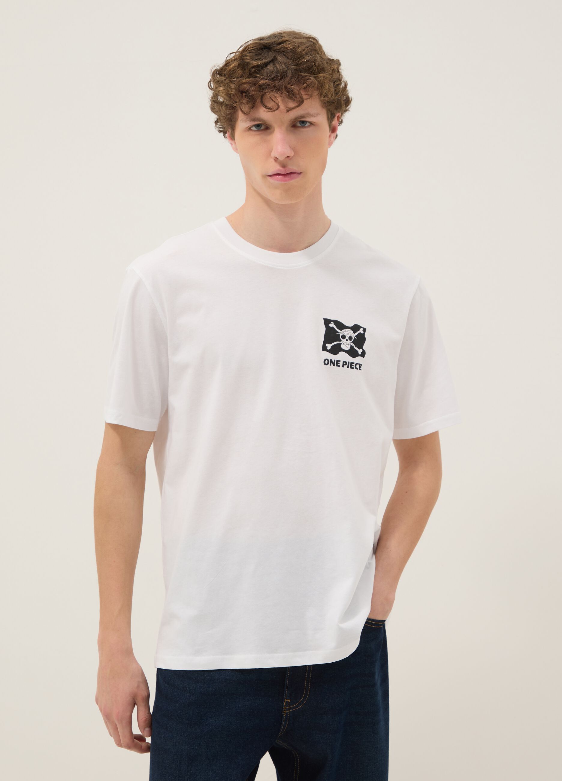 Wei&szlig;es T-Shirt mit One Piece-Print aus reiner Baumwolle, Relaxed Fit