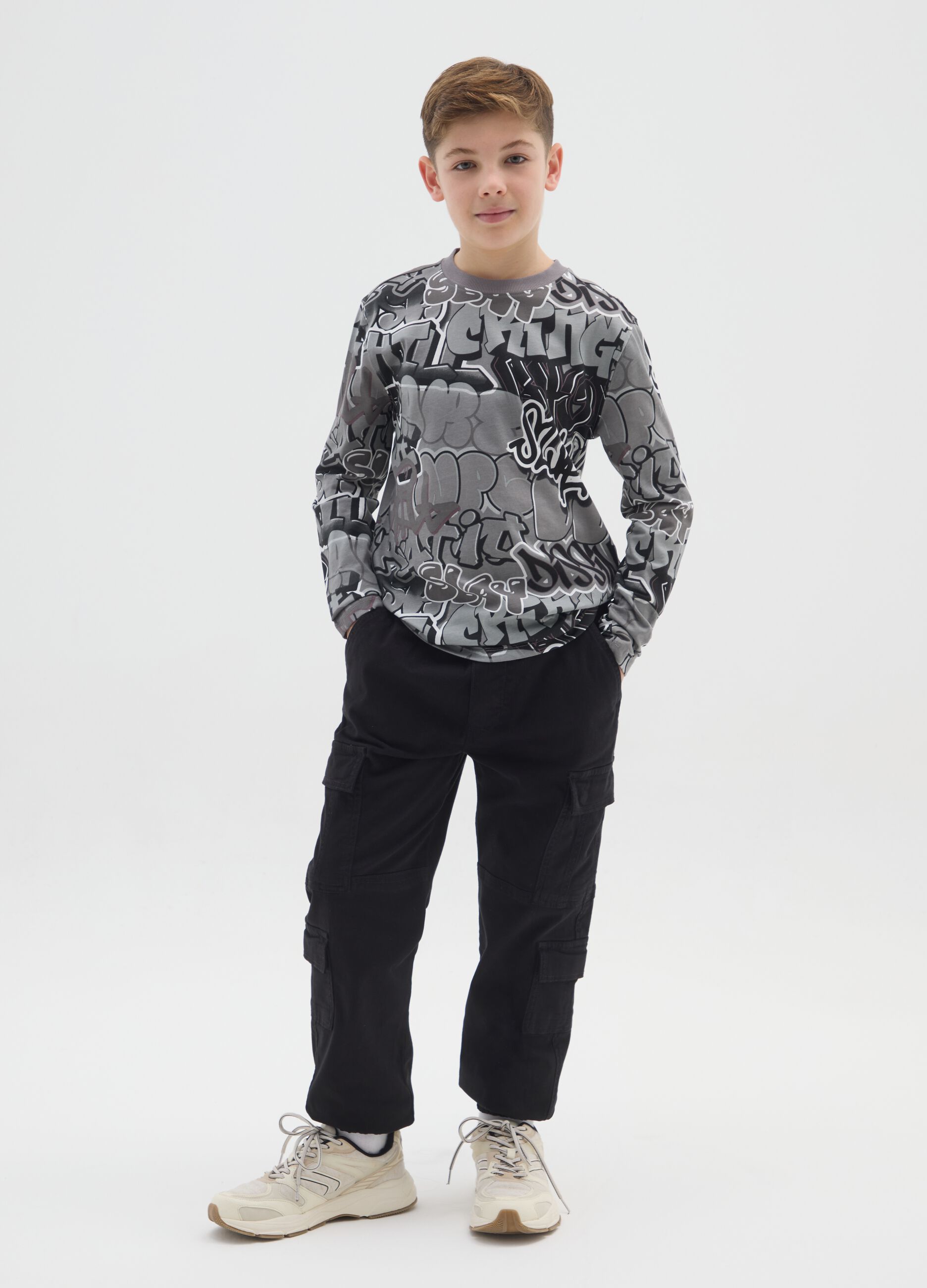 Black stretch cotton cargo trousers for boys
