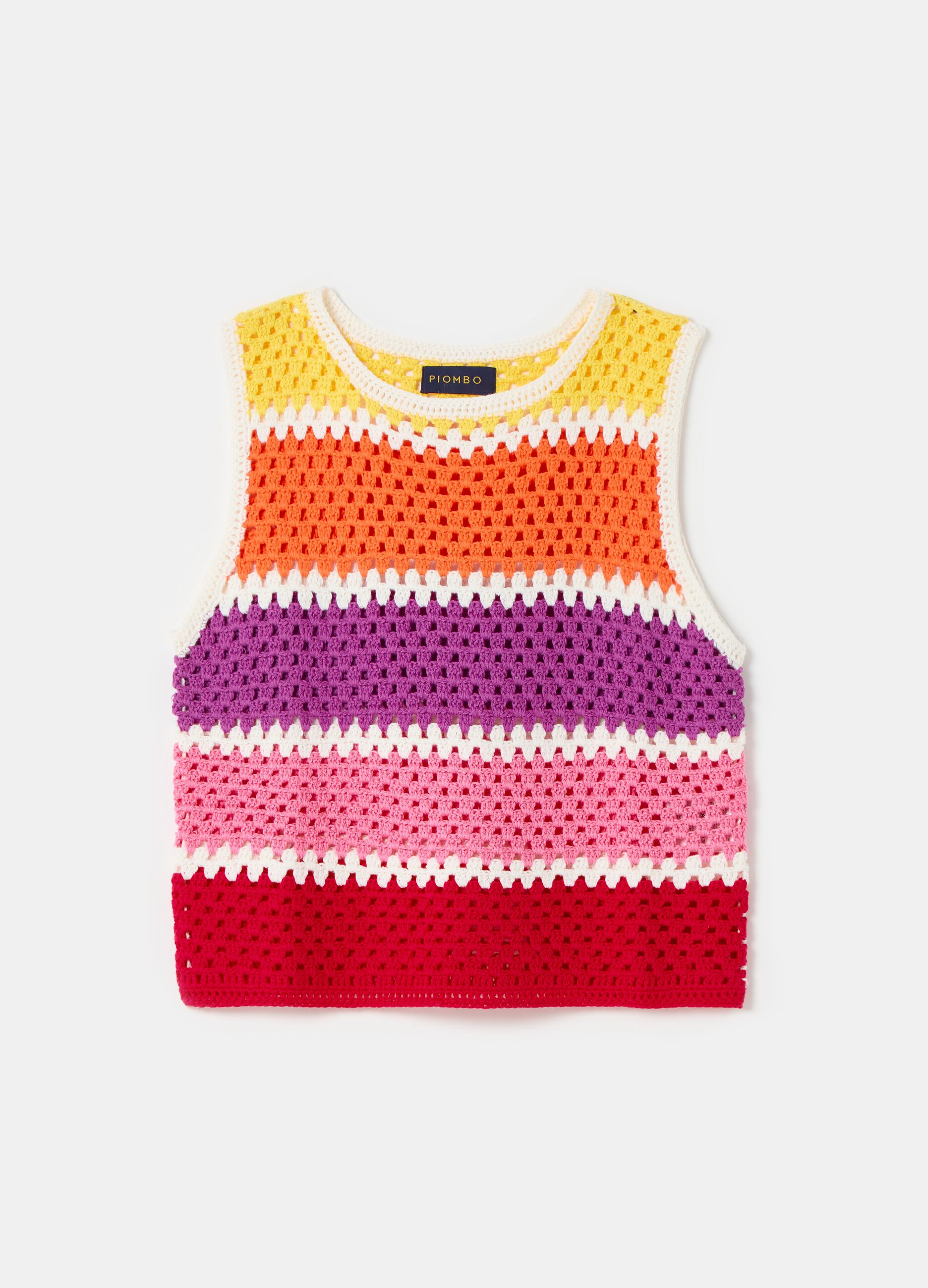 Crochet tank top with multicoloured stripes