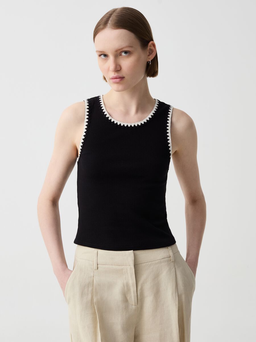 Ribbed tank top with ethnic trim_1