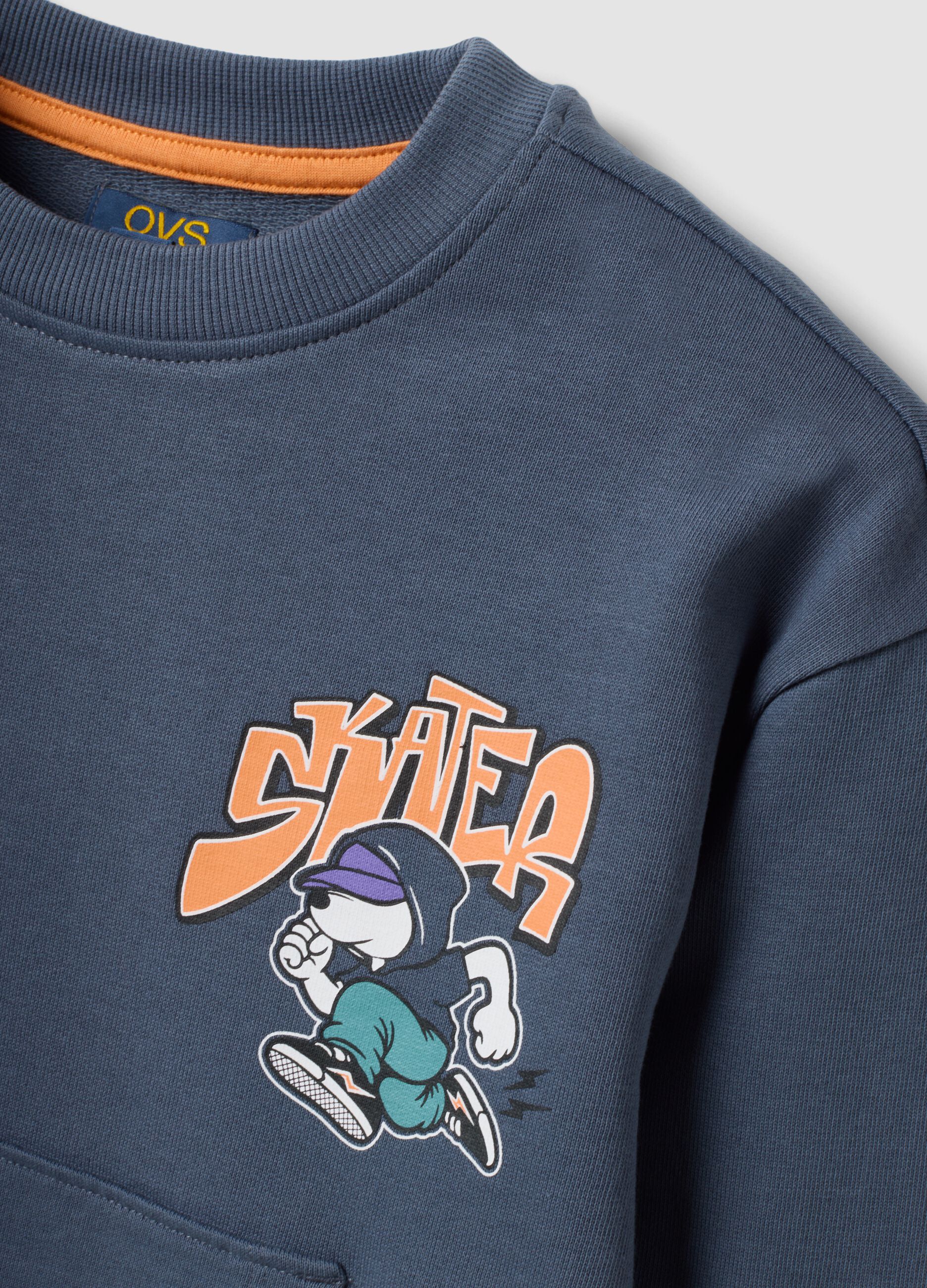 Grey oversized pure cotton hoodie with print and kangaroo pocket for boys