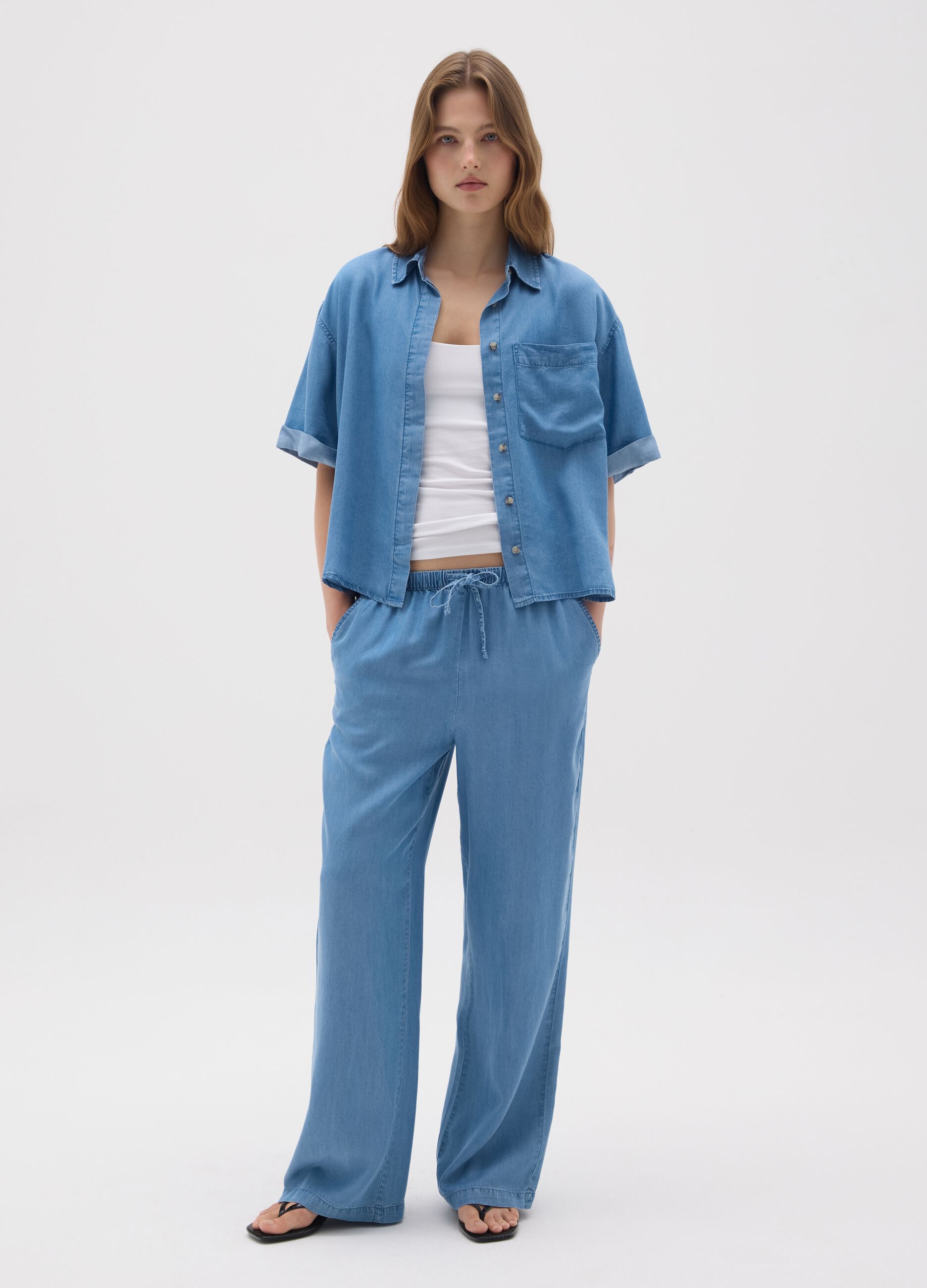 Women's wide blue pure Lyocell trousers