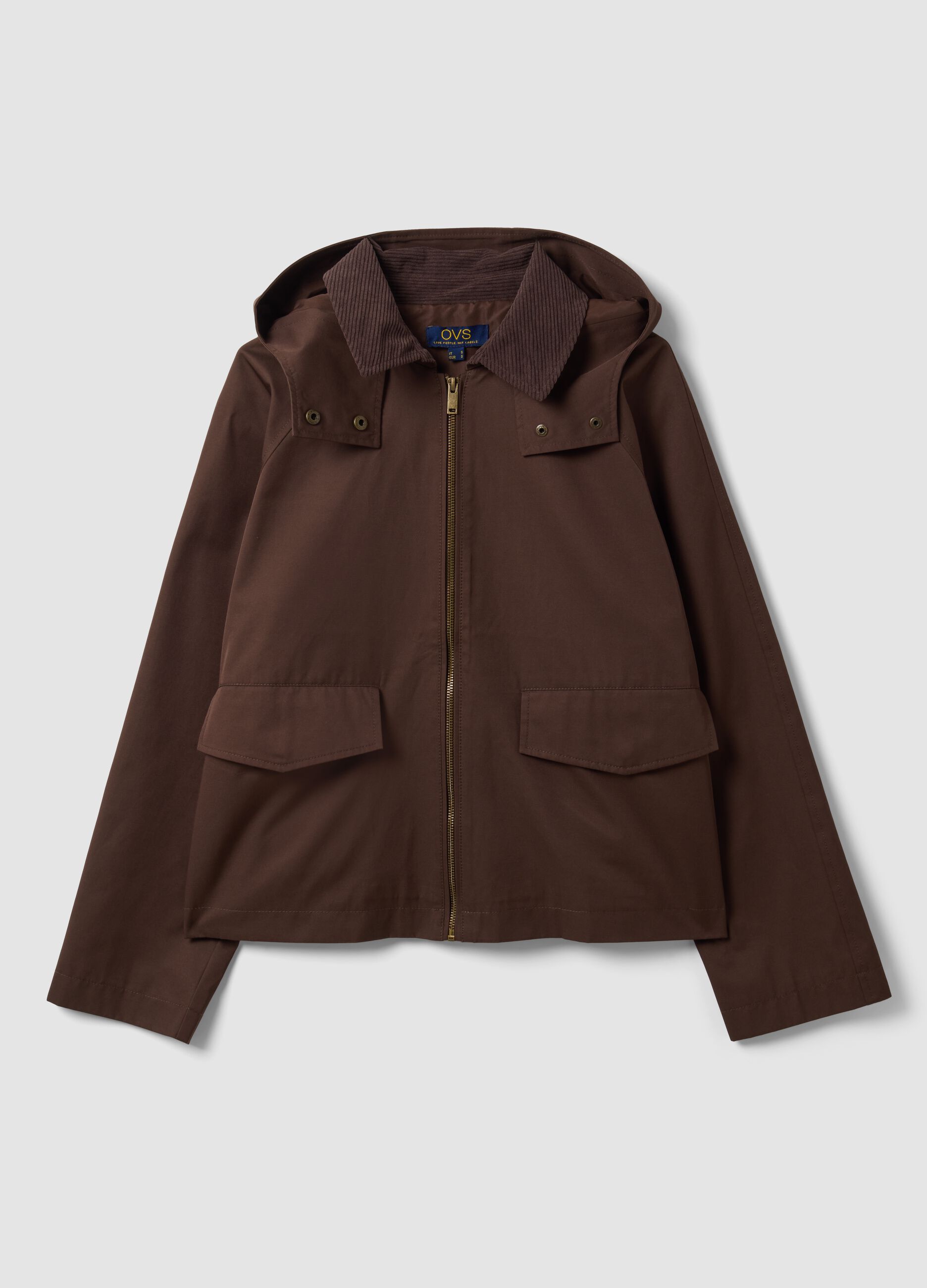 Braune Parkajacke aus Baumwollmix mit Kapuze und Rippkragen