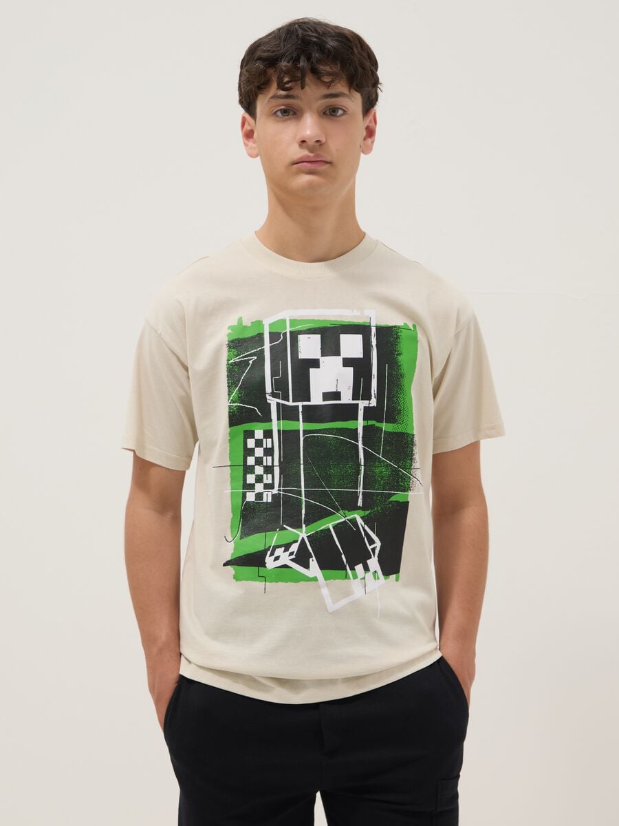 Camiseta Beige de Algod&oacute;n Puro para Chico con Ajuste Relajado y Estampado_0