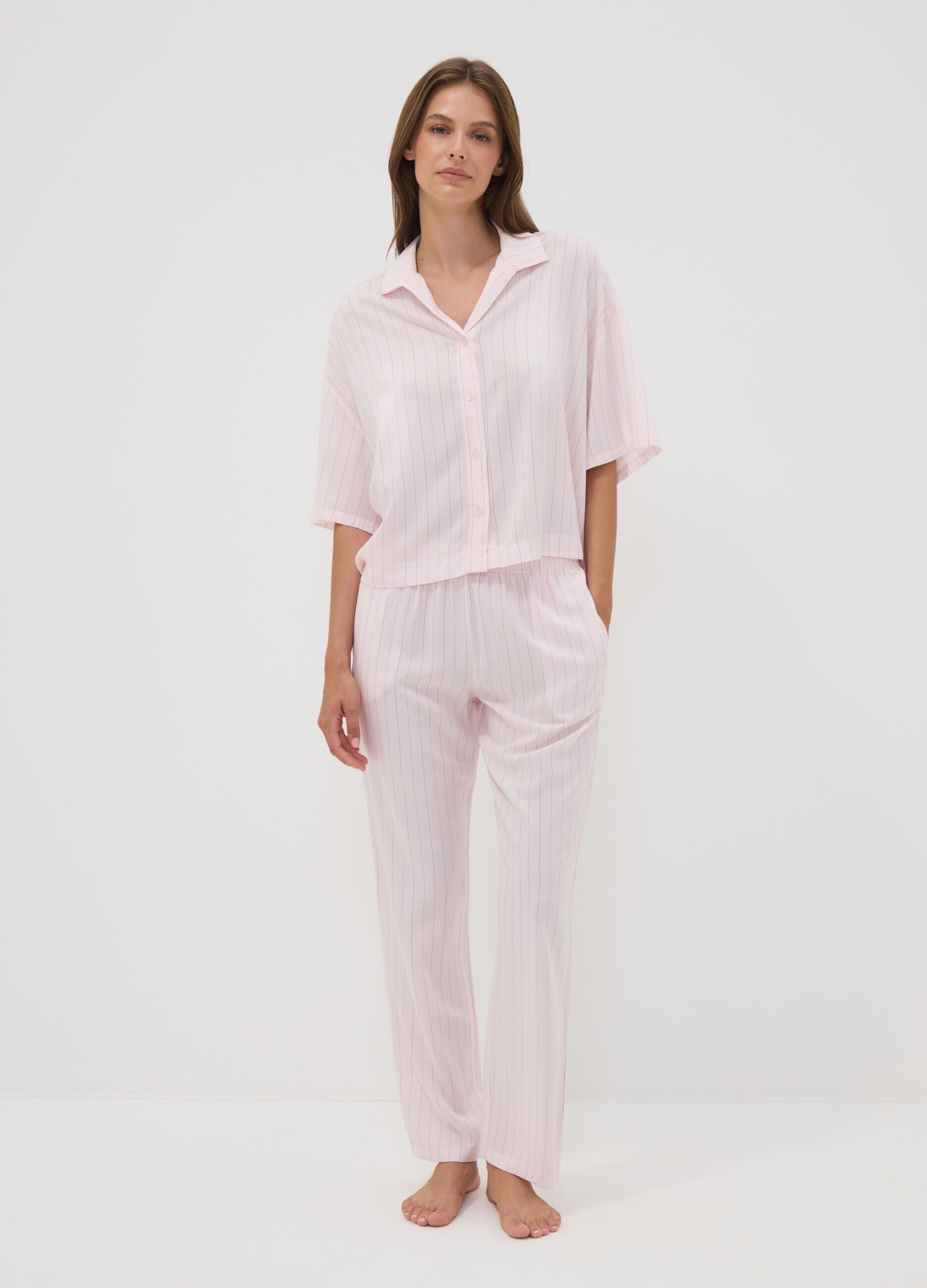 Pink pure viscose striped V-neck pyjamas, regular fit