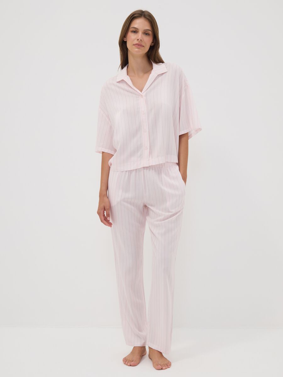 Pink pure viscose striped V-neck pyjamas, regular fit_0