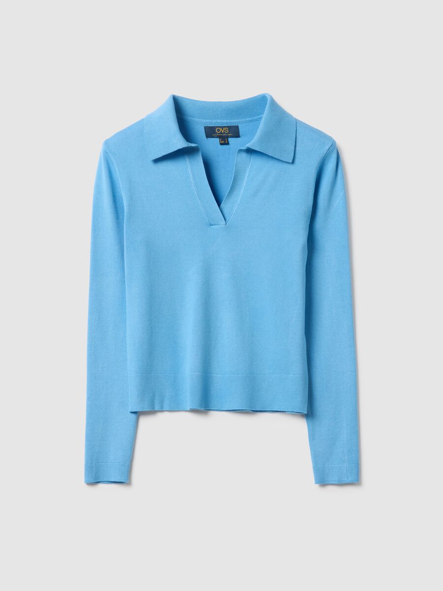 Regular fit blue viscose jumper with polo neck_0
