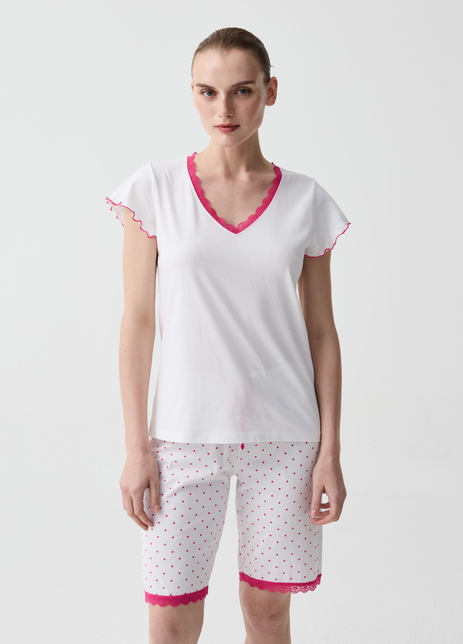 Short polka dot pyjama trousers with lace