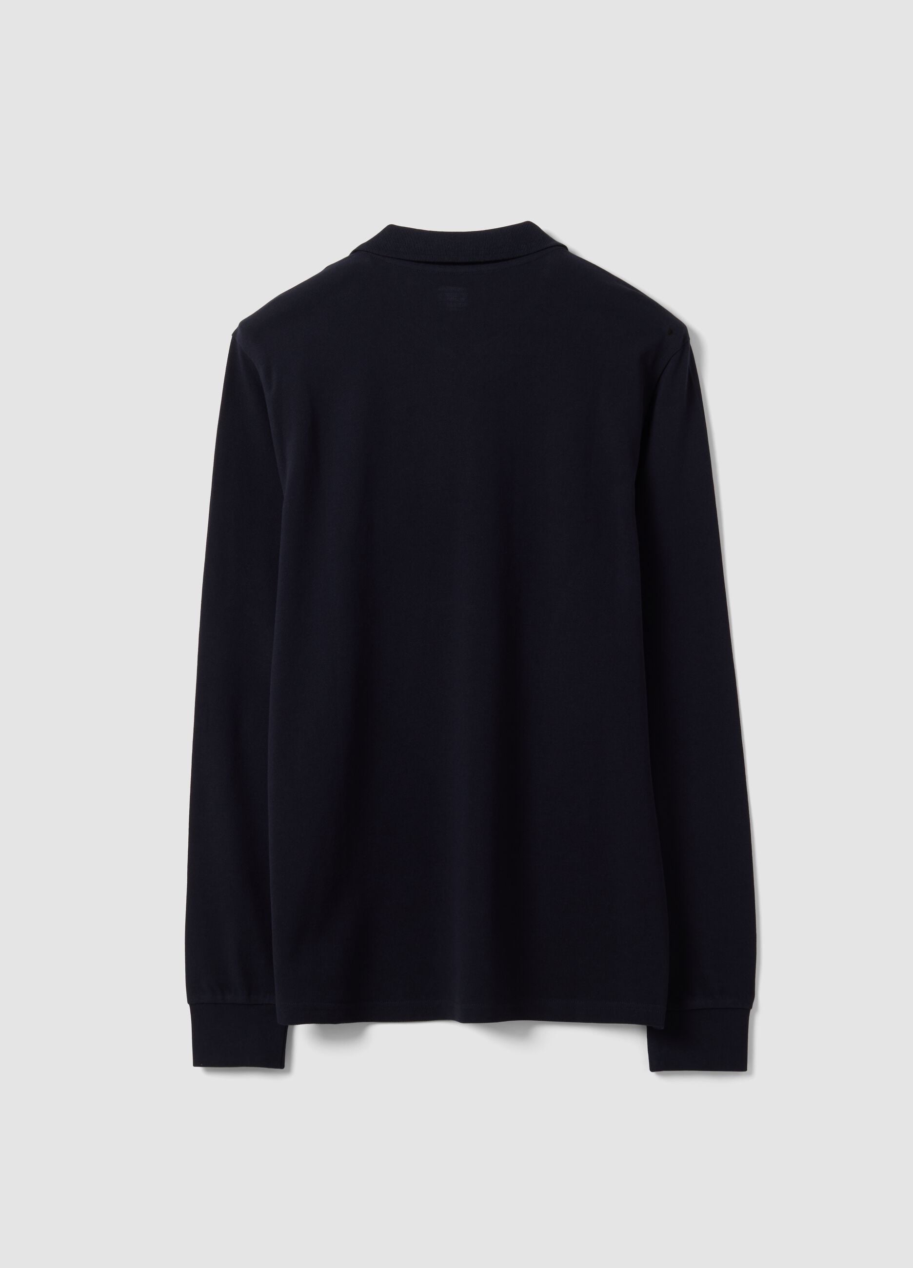 Polo azul de manga comprida regular fit em piqu&eacute; de algod&atilde;o org&acirc;nico puro