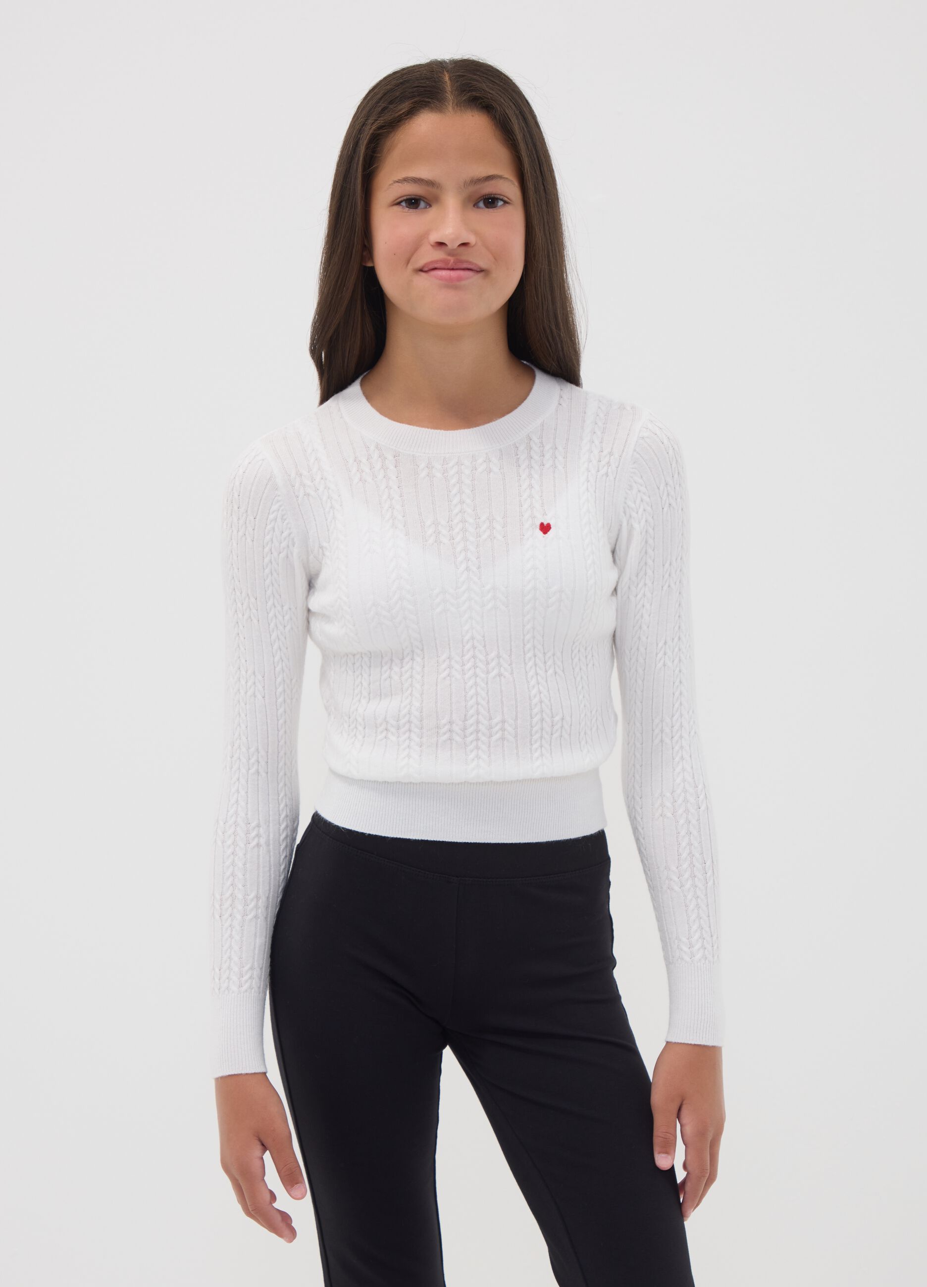 White fitted viscose-blend cable-knit crew-neck jumper for girls