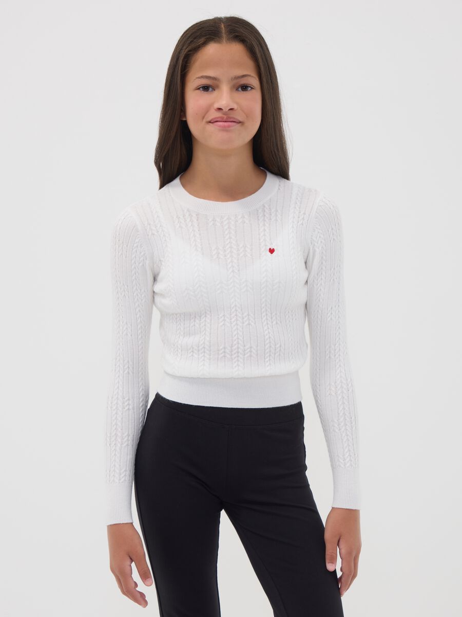White fitted viscose-blend cable-knit crew-neck jumper for girls_0