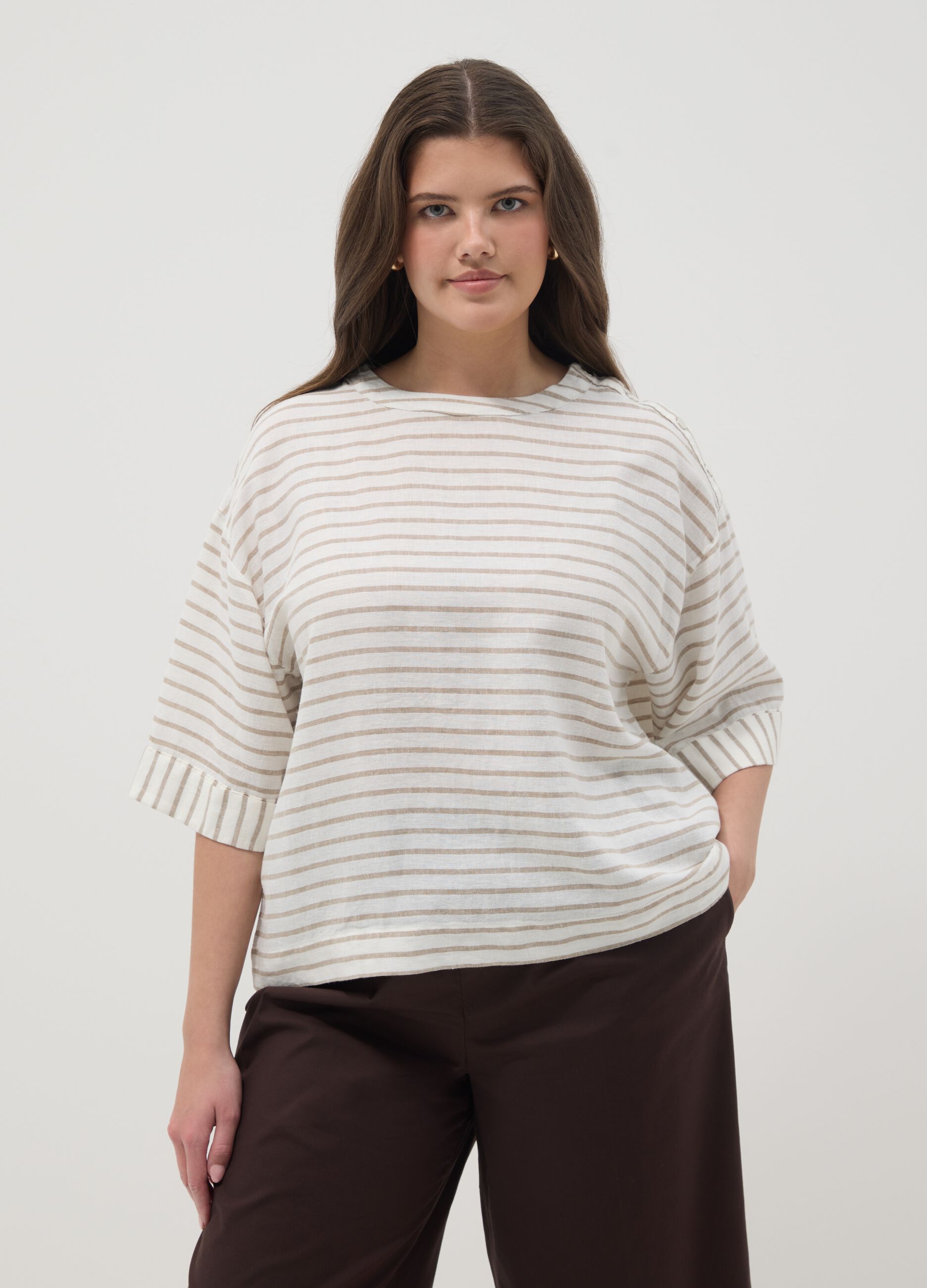 Multicolor gestreiftes Regular Fit T-Shirt aus Leinenmischung