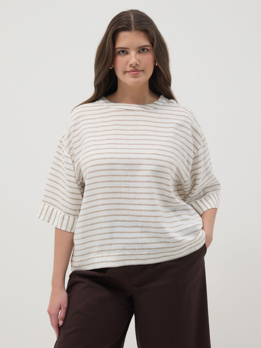 Multicolor gestreiftes Regular Fit T-Shirt aus Leinenmischung_0