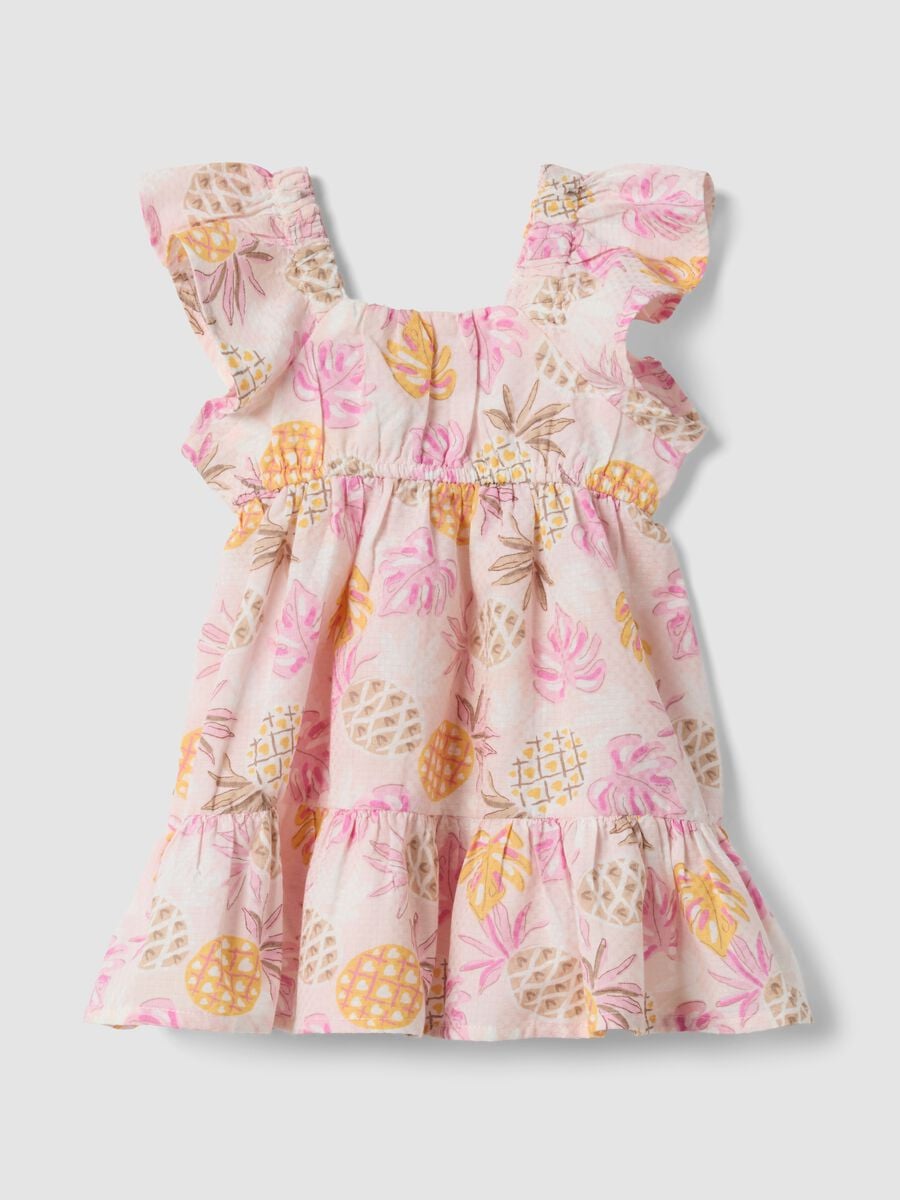 Pink pure cotton dress with tropical print_0