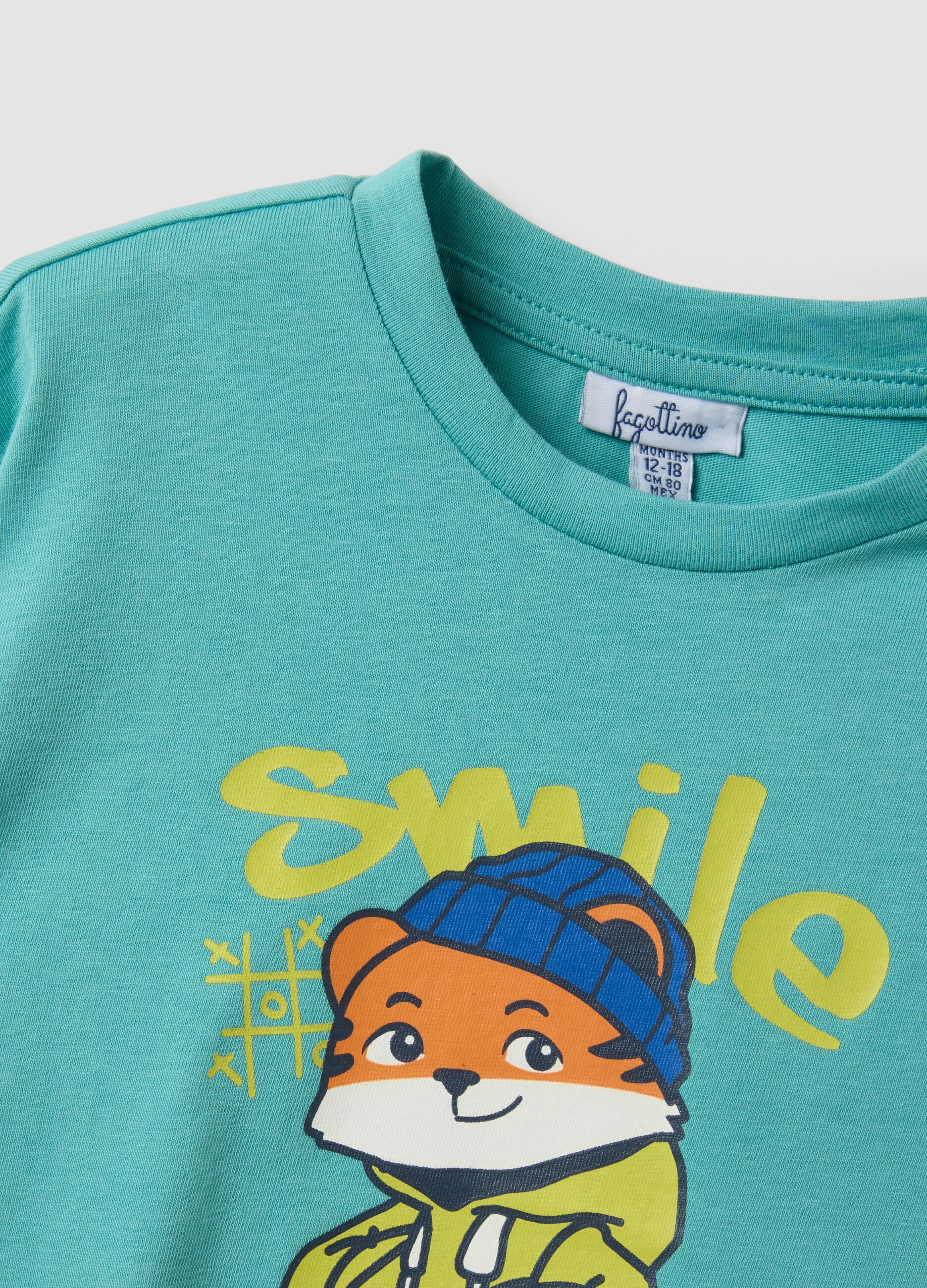 Light blue oversized pure organic cotton T-shirt with tiger print for boys