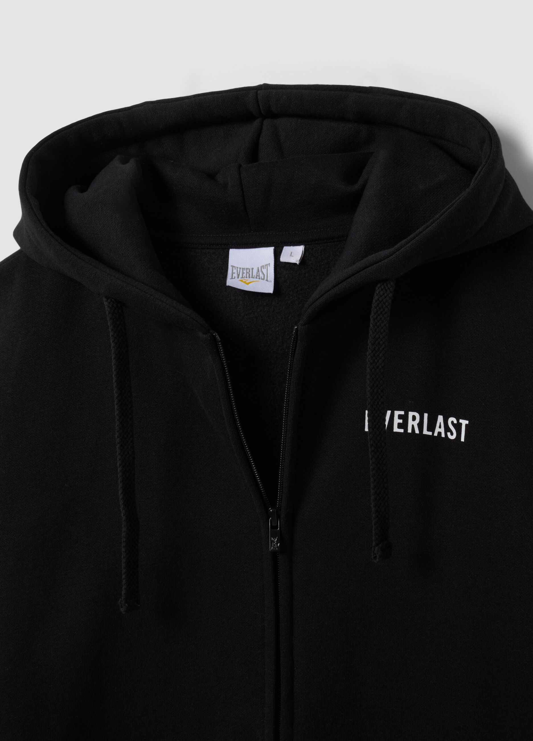 Sweatshirt preta com capuz e fecho de correr em mistura de algod&atilde;o