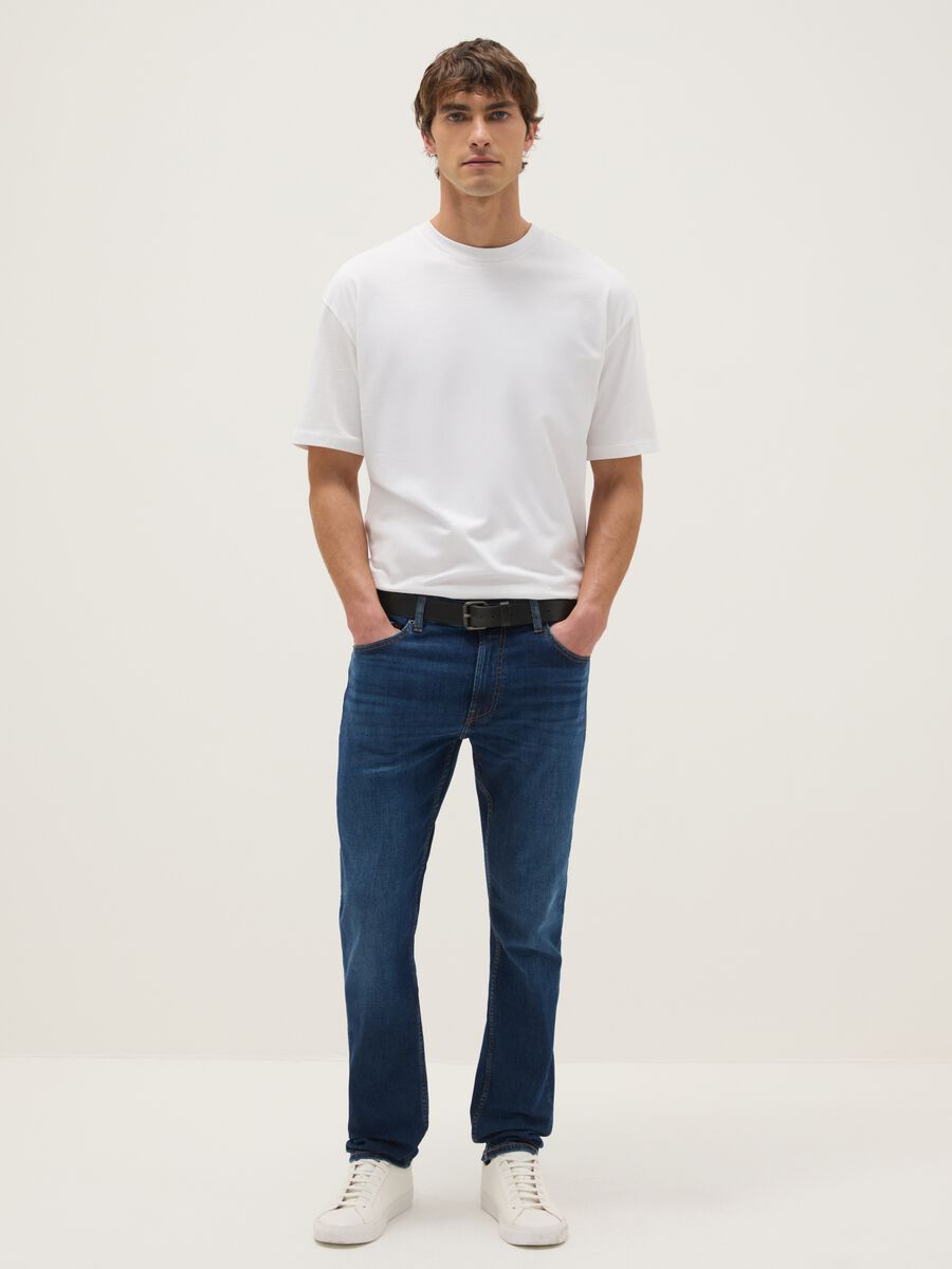Slim fit blue stretchy cotton jeans with five pockets_0