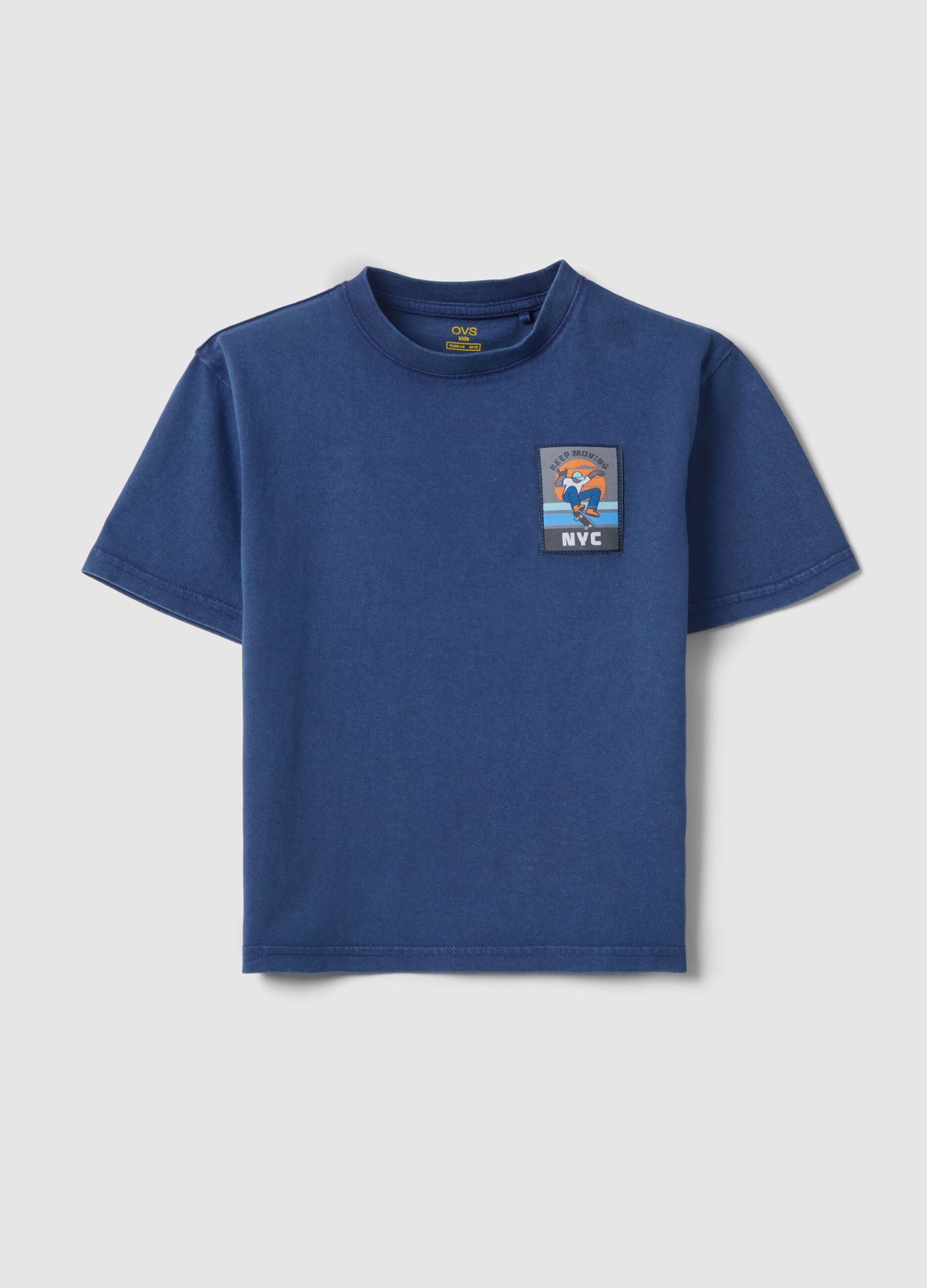 Children's regular fit blue pure cotton T-shirt with patch