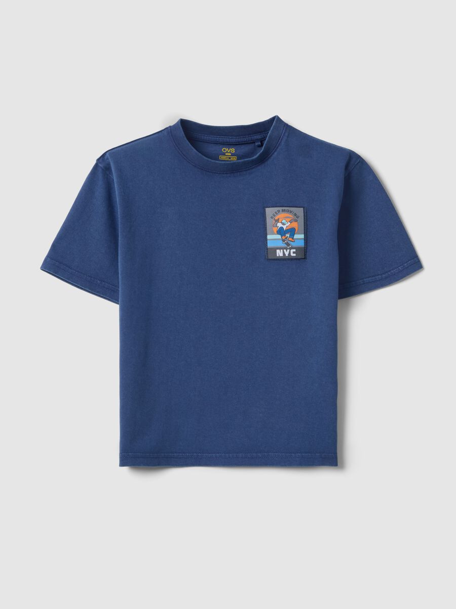 Children's regular fit blue pure cotton T-shirt with patch_0