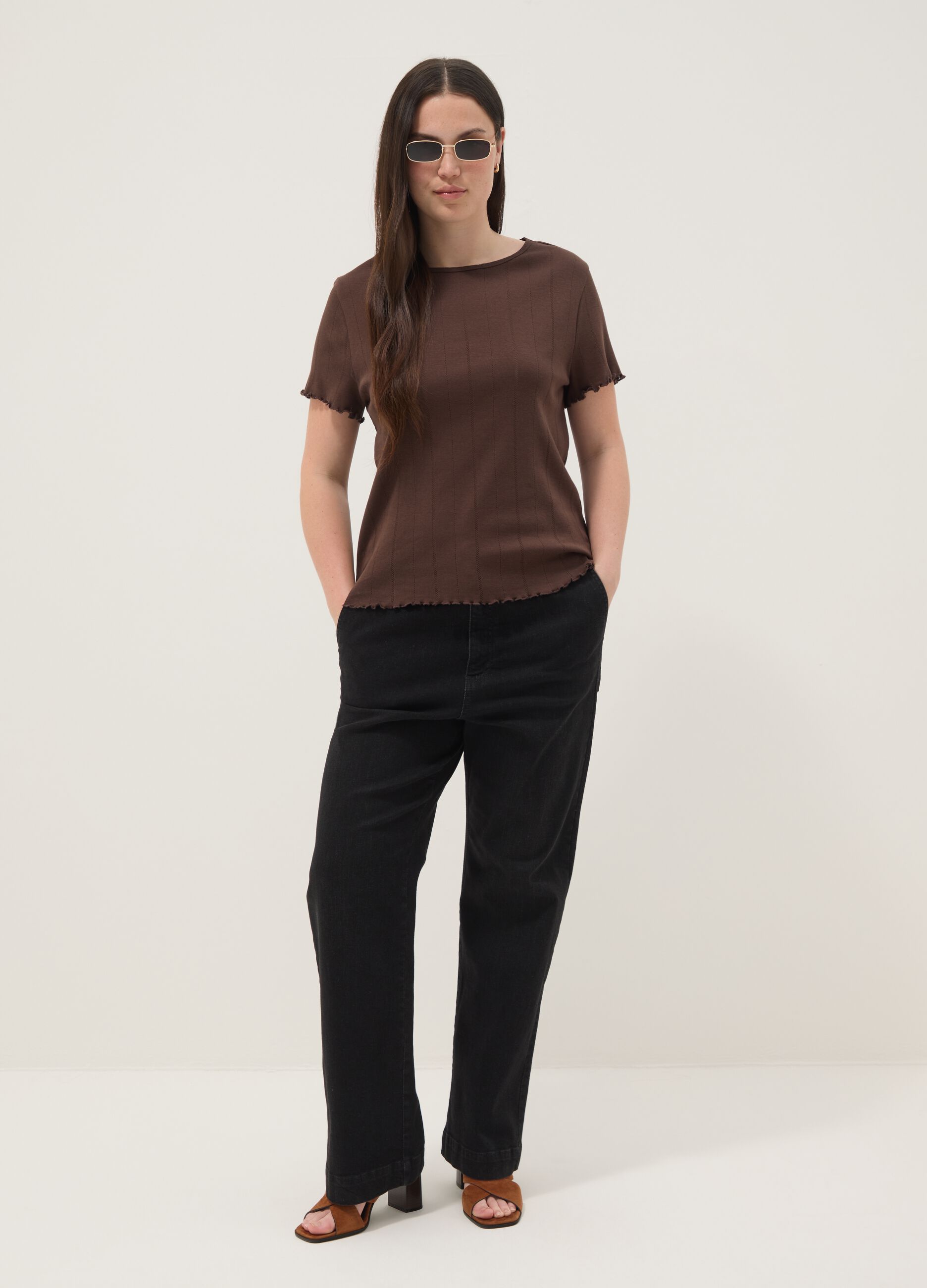Brown striped pure cotton regular-fit T-shirt