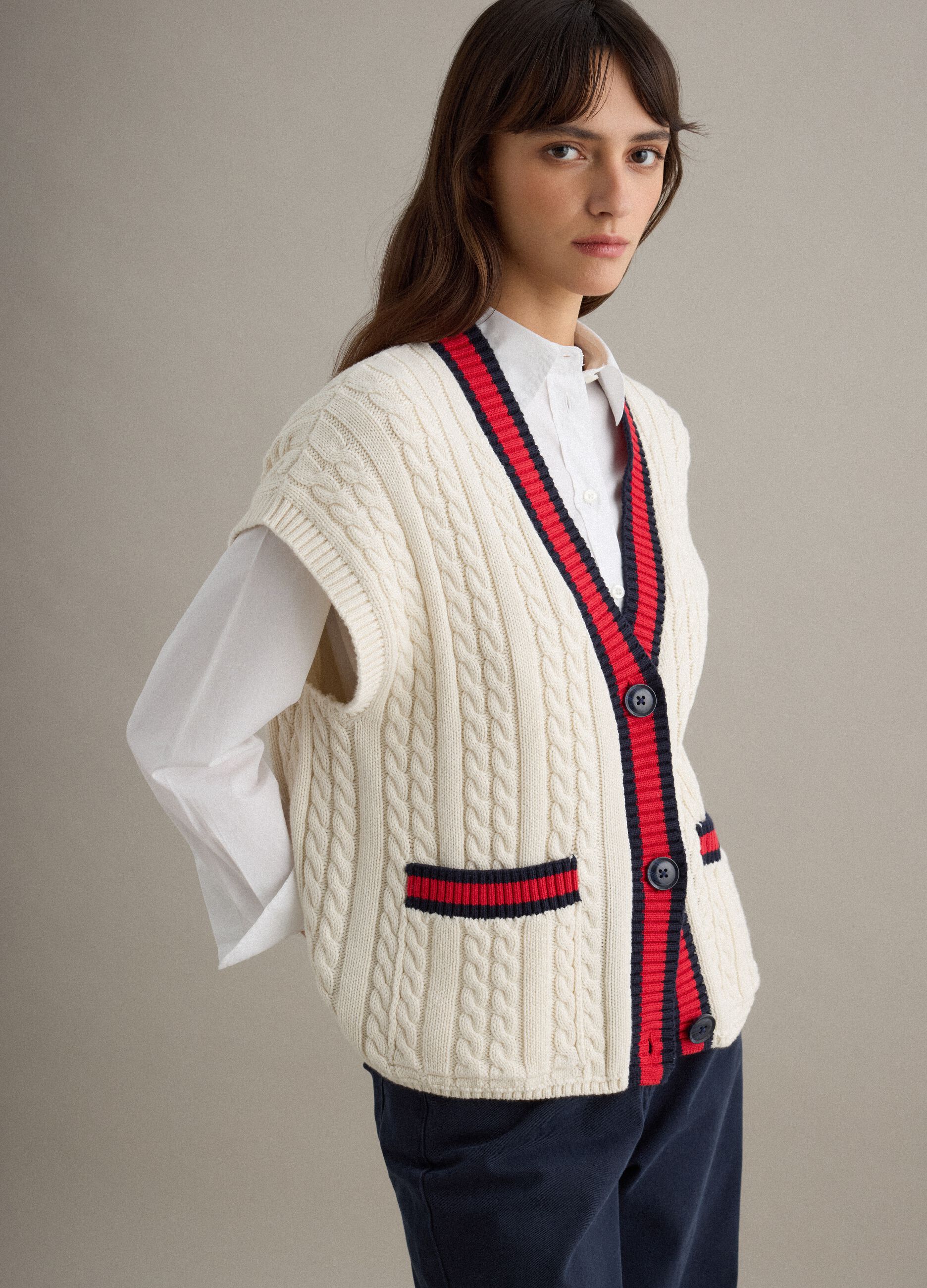 Multicolour pure cotton oversize fit deep V-neck waistcoat