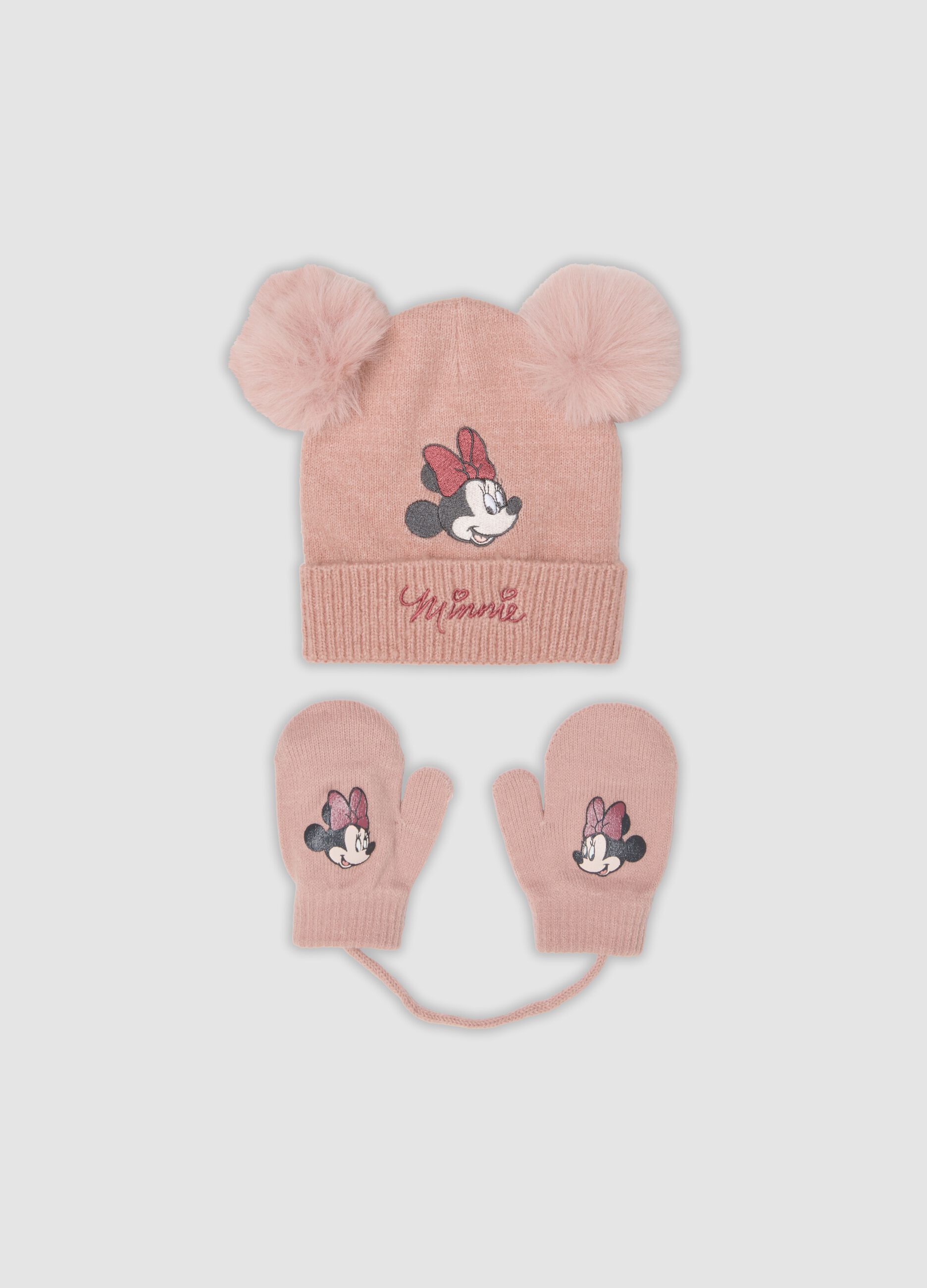 Conjunto roxo em tecido el&aacute;stico com gorro e luvas com tema Minnie