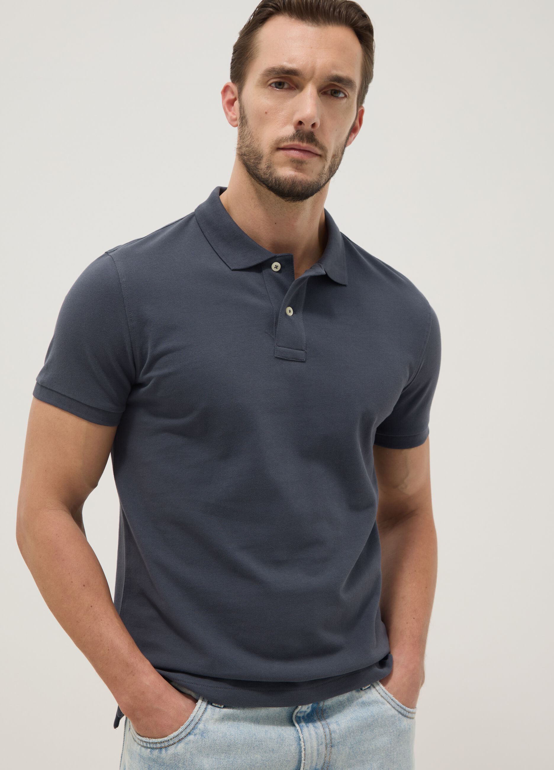 Blue slim fit short-sleeve polo in pure cotton