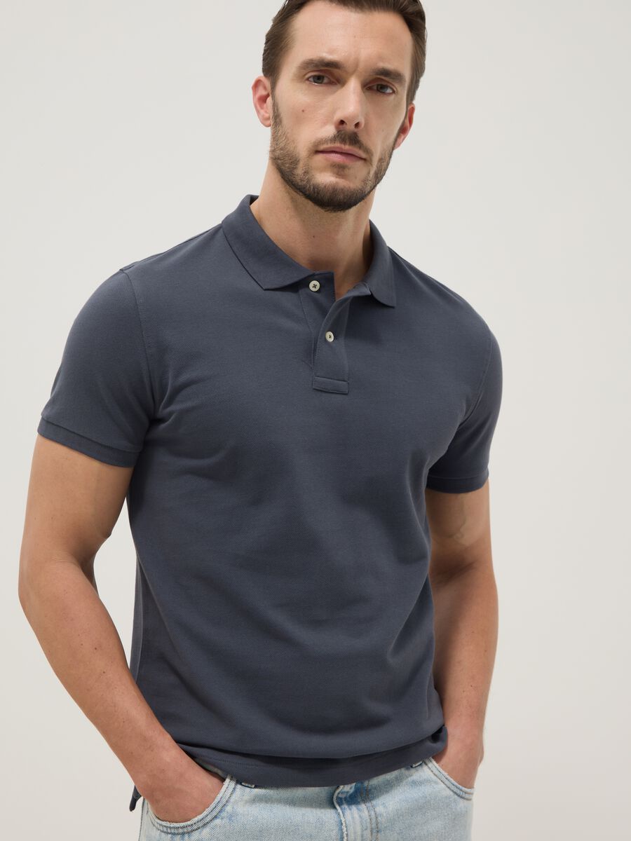 Blue slim fit short-sleeve polo in pure cotton_0