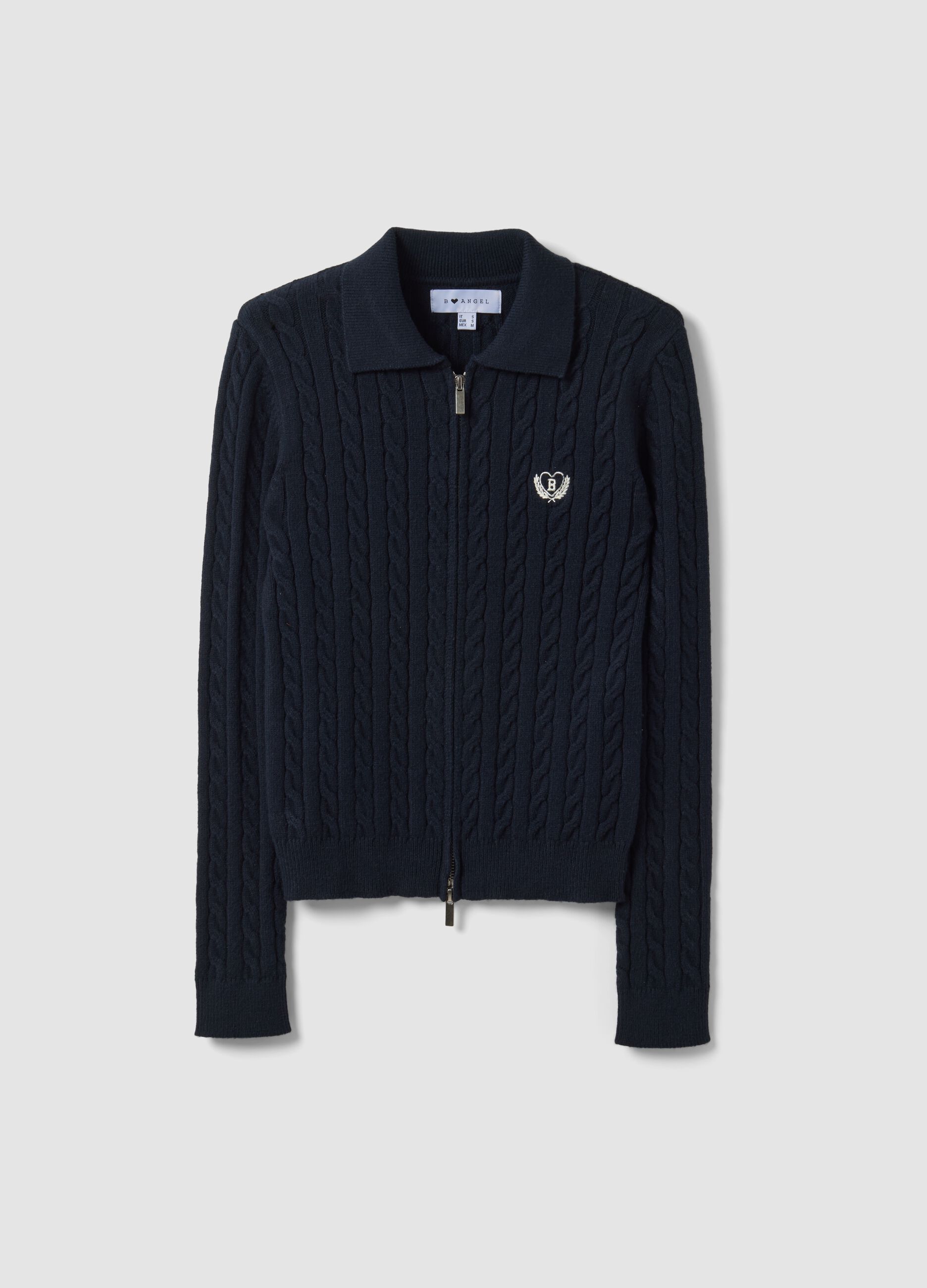 Navy viscose-blend fitted cardigan with polo collar