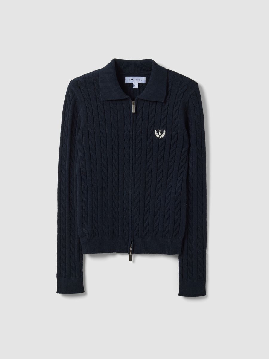 Navy viscose-blend fitted cardigan with polo collar_0